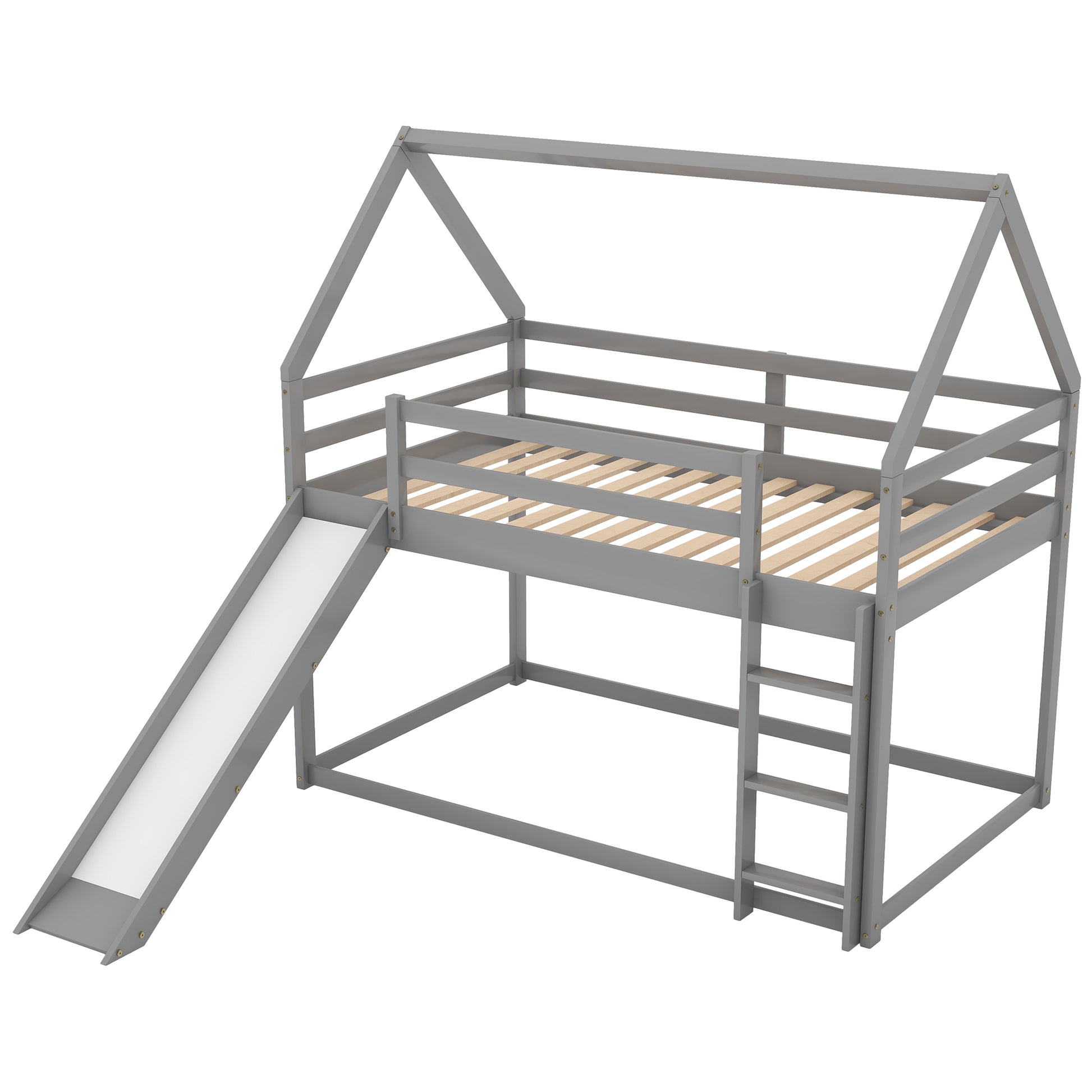 Gray wooden house loft bed with slide and ladder for kids room