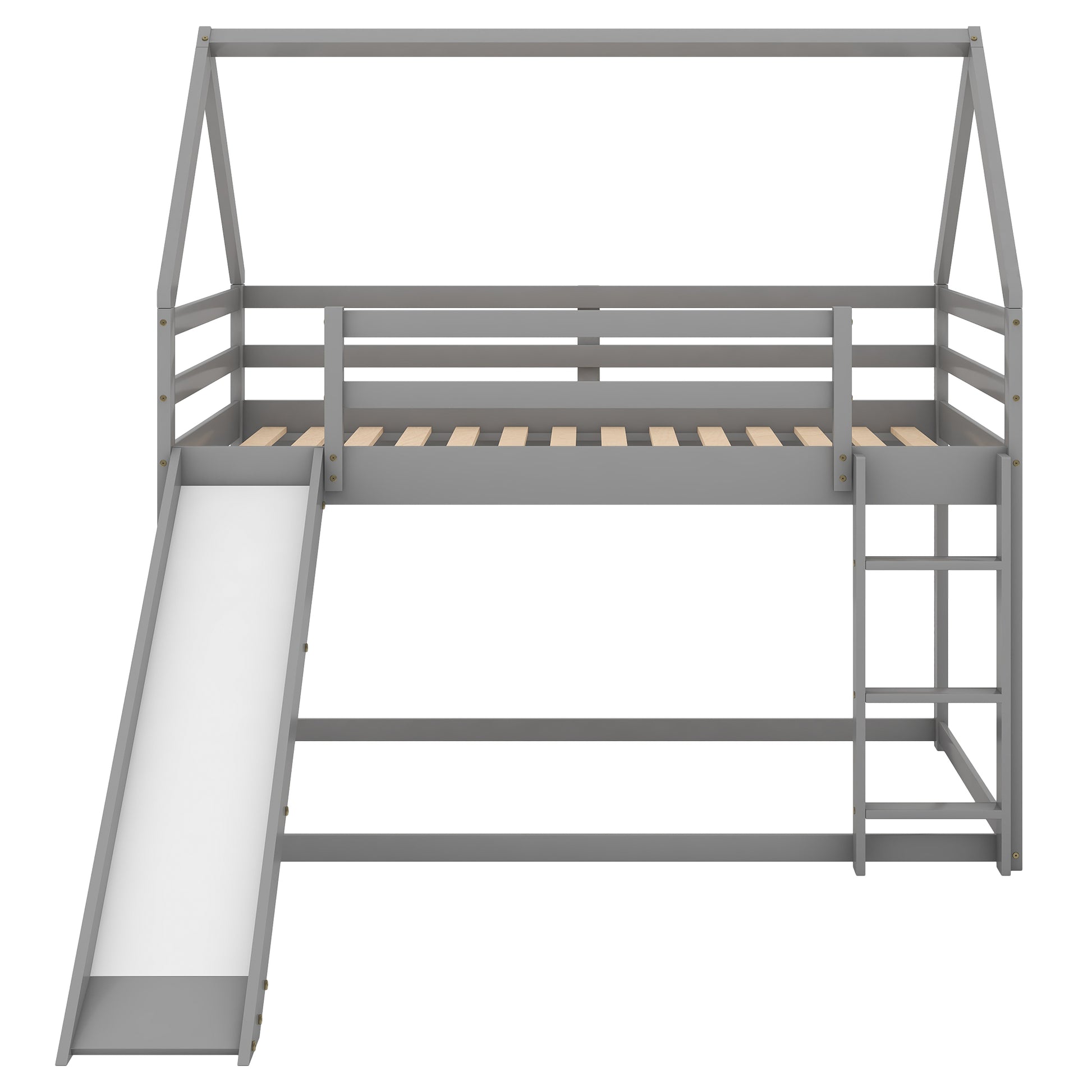 Gray wooden loft bed with slide and ladder