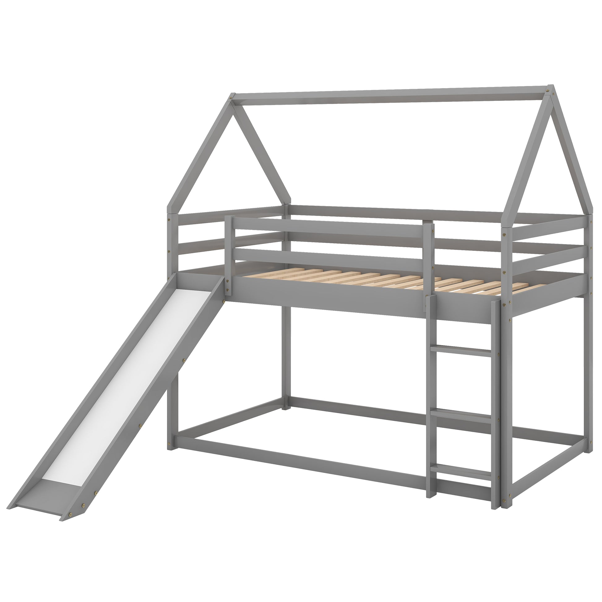 Gray wooden house bed with slide and ladder for kids