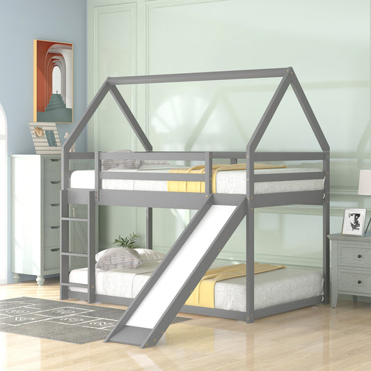 Grey wooden houseshaped bunk bed with slide for kids