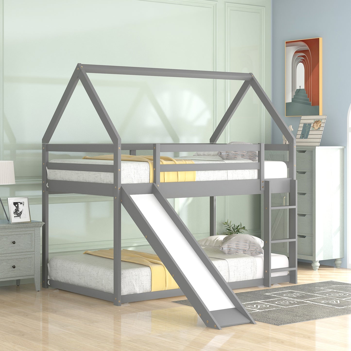 Gray wooden houseshaped twin over twin bunk bed with slide