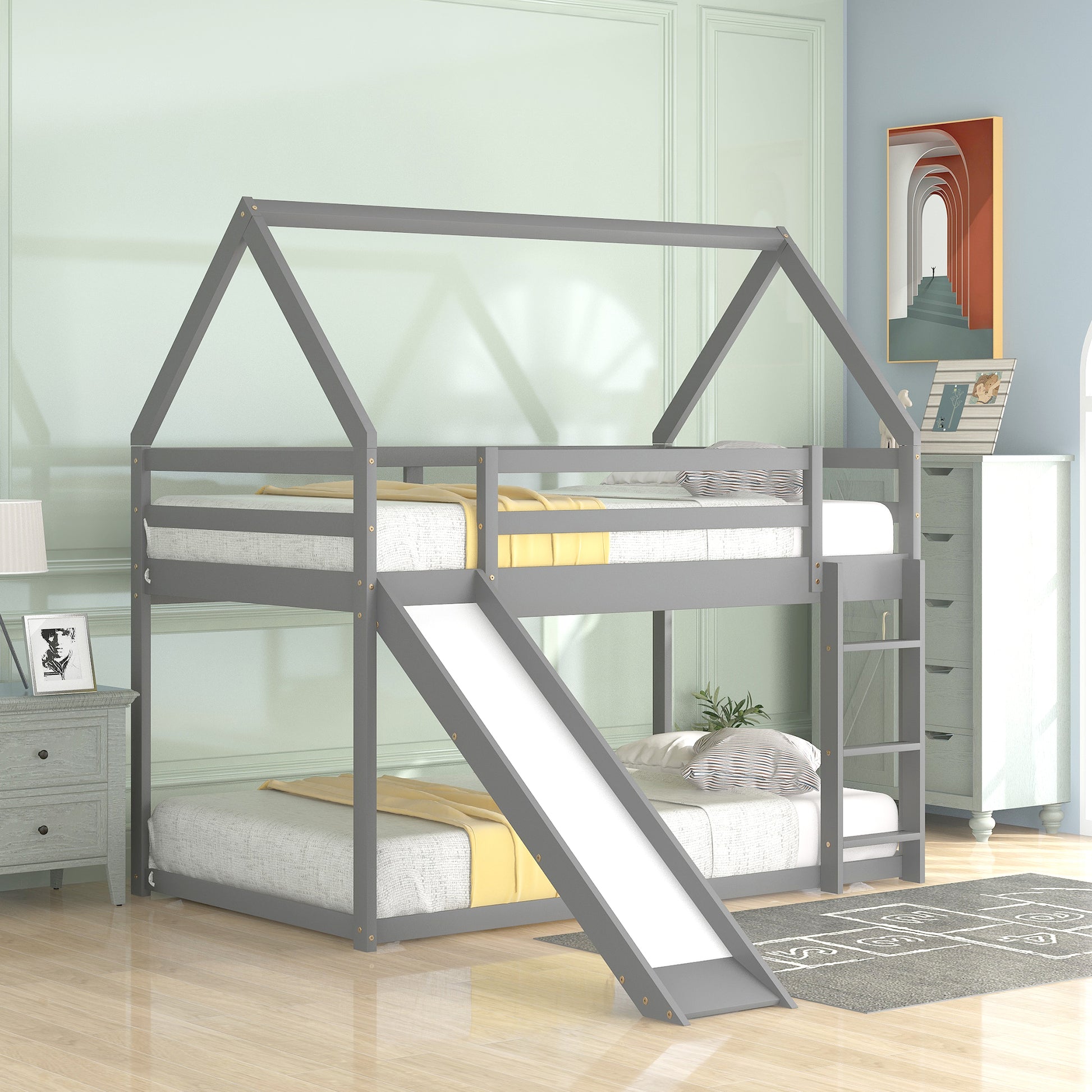 Gray wooden houseshaped twin over twin bunk bed with slide