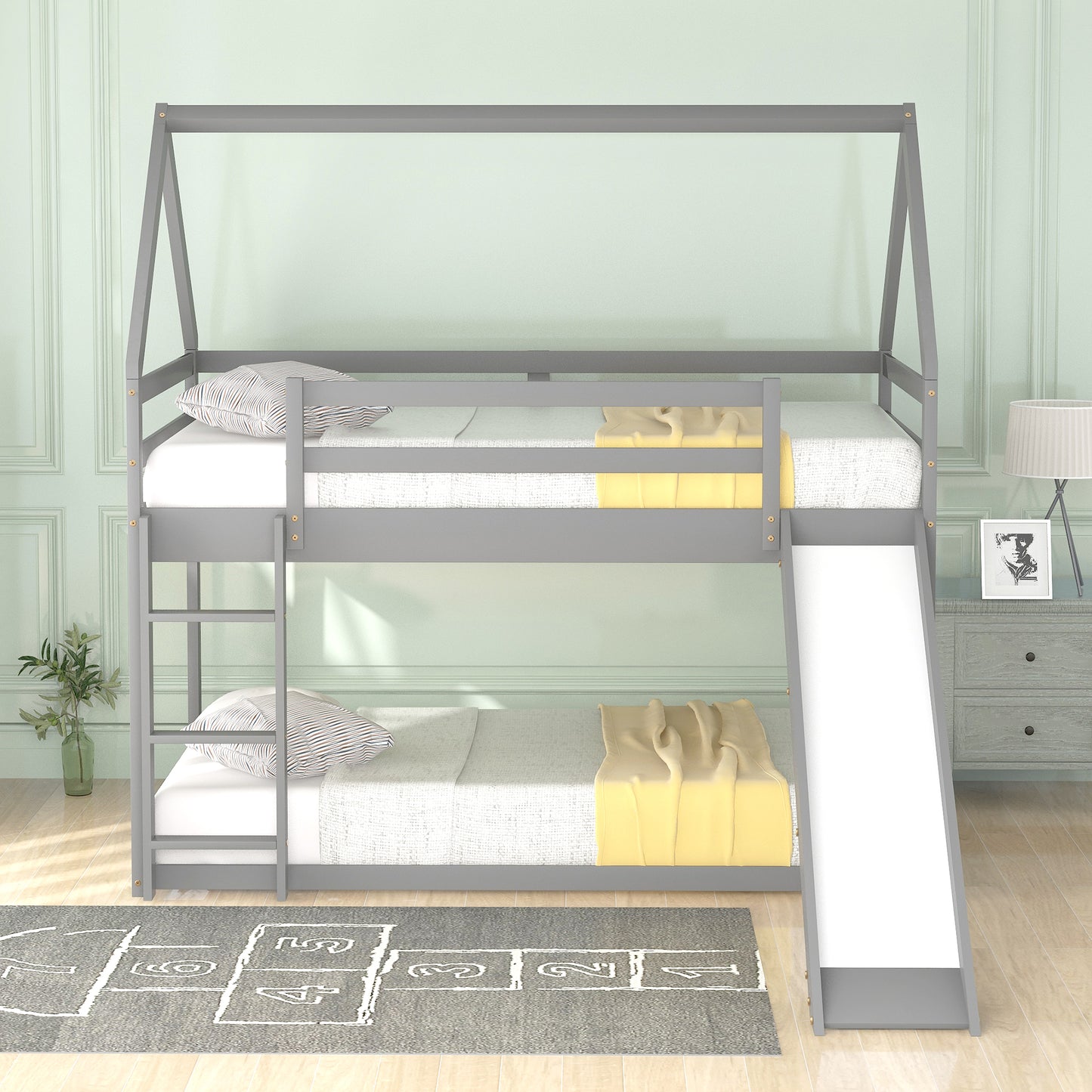 Grey wooden twin over twin bunk bed with slide and ladder