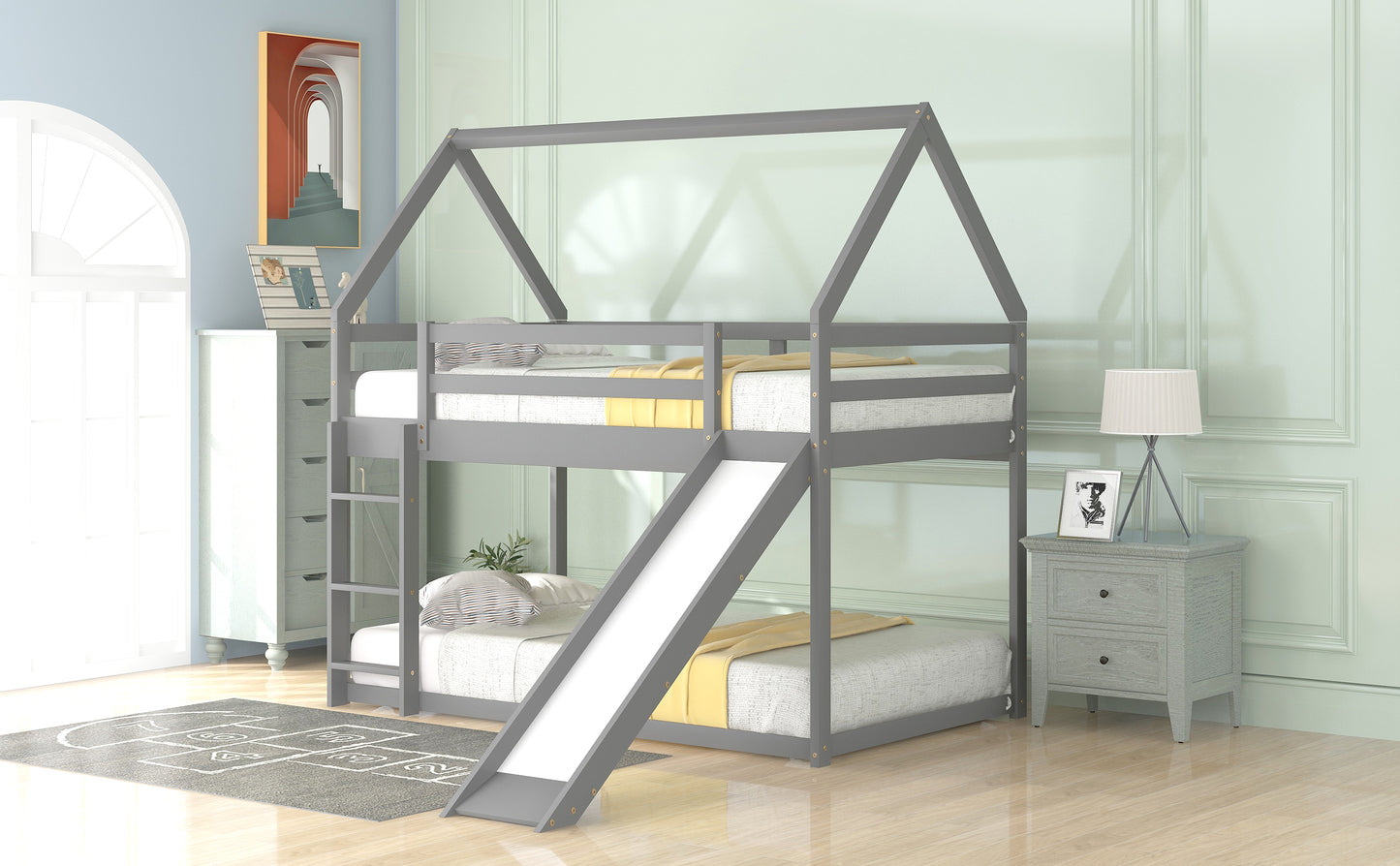 Gray wooden house bunk bed with slide and ladder
