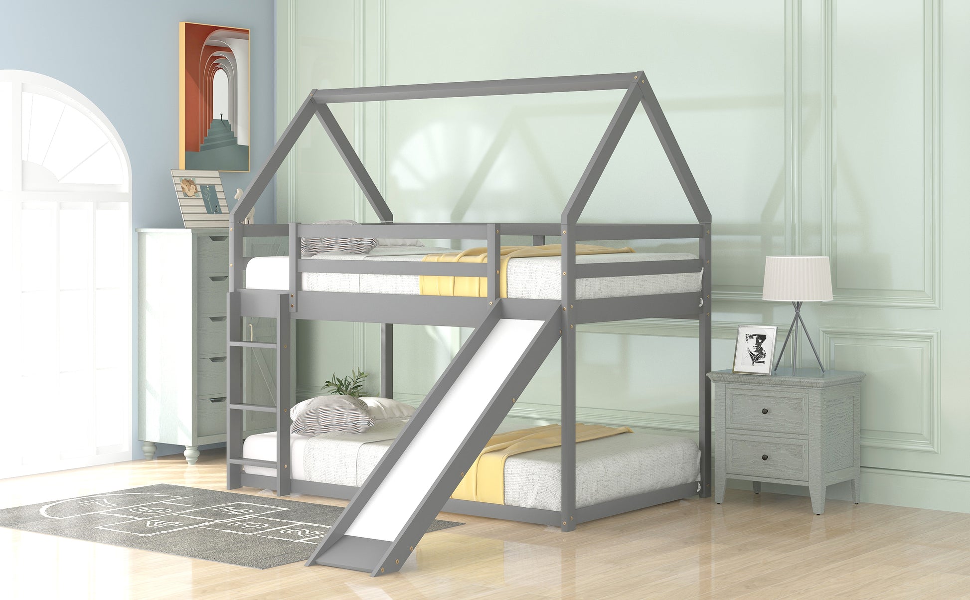 Gray wooden house bunk bed with slide and ladder