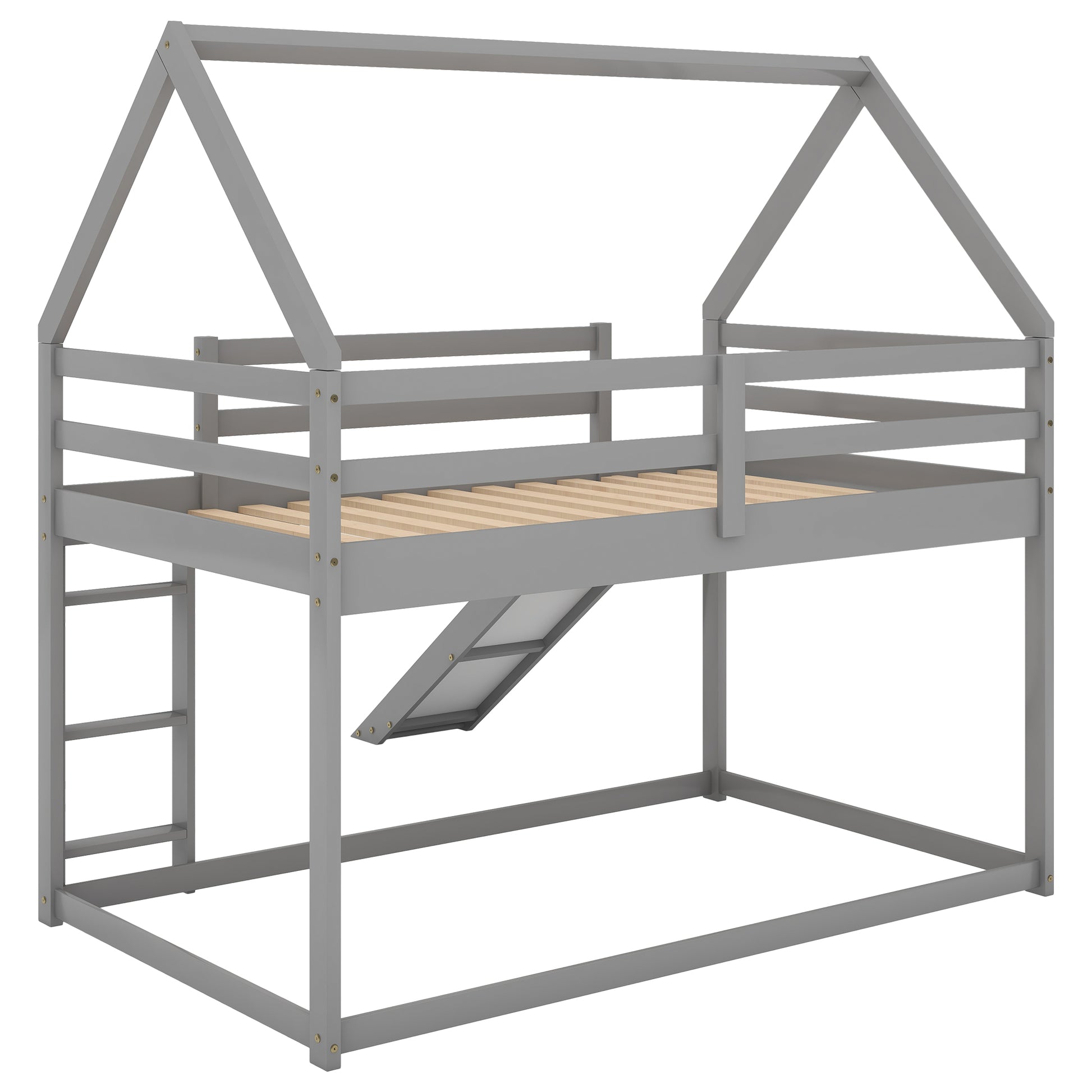 Gray wooden house bed frame with slide and ladder for kids