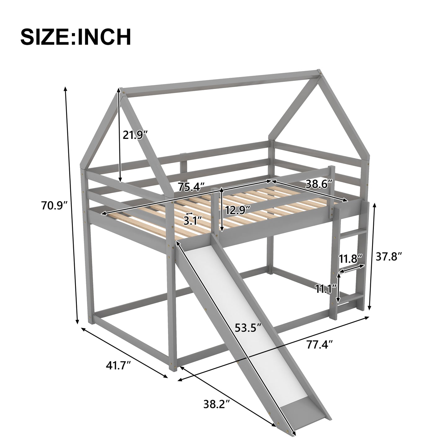 Gray wooden loft bed with slide and ladder