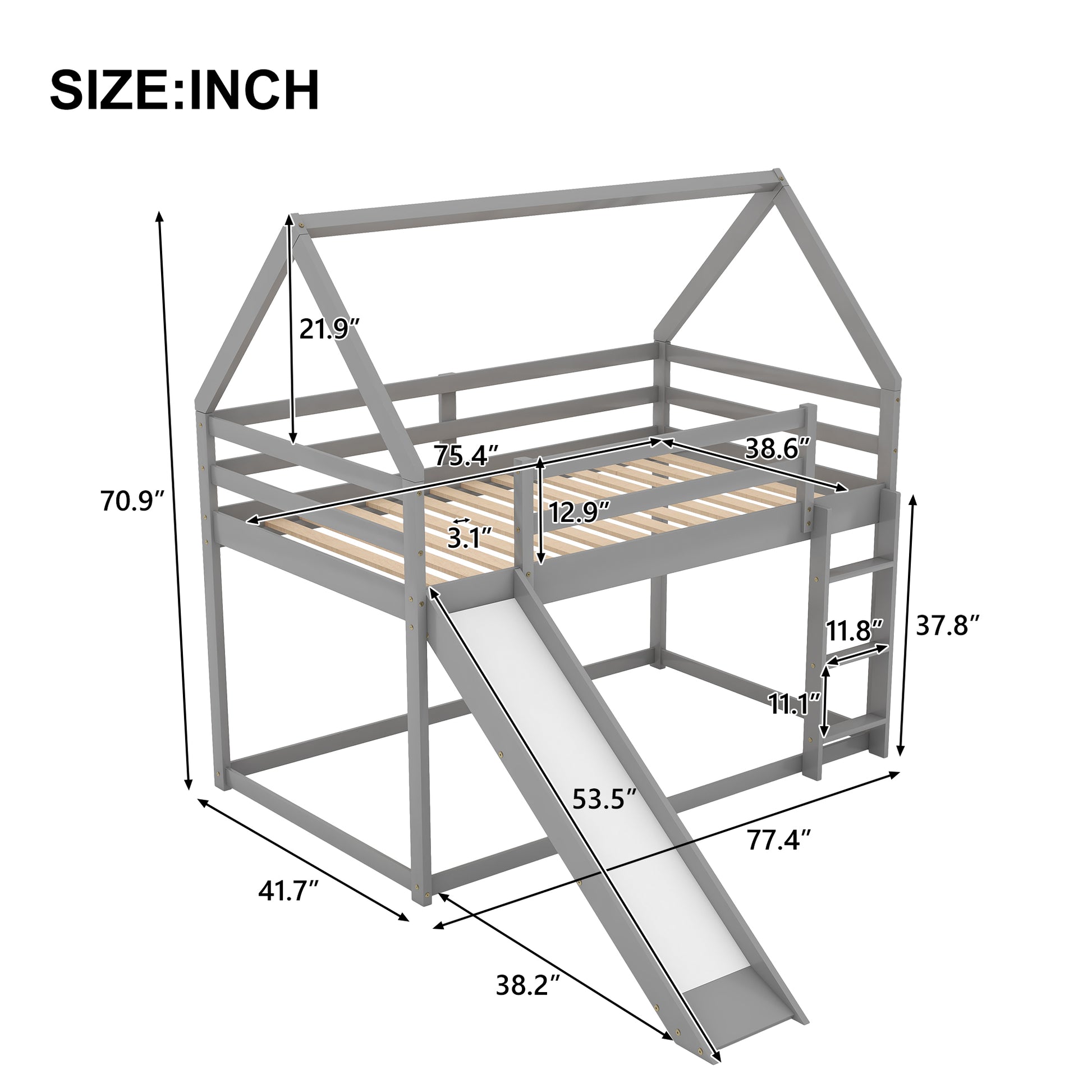 Gray wooden loft bed with slide and ladder