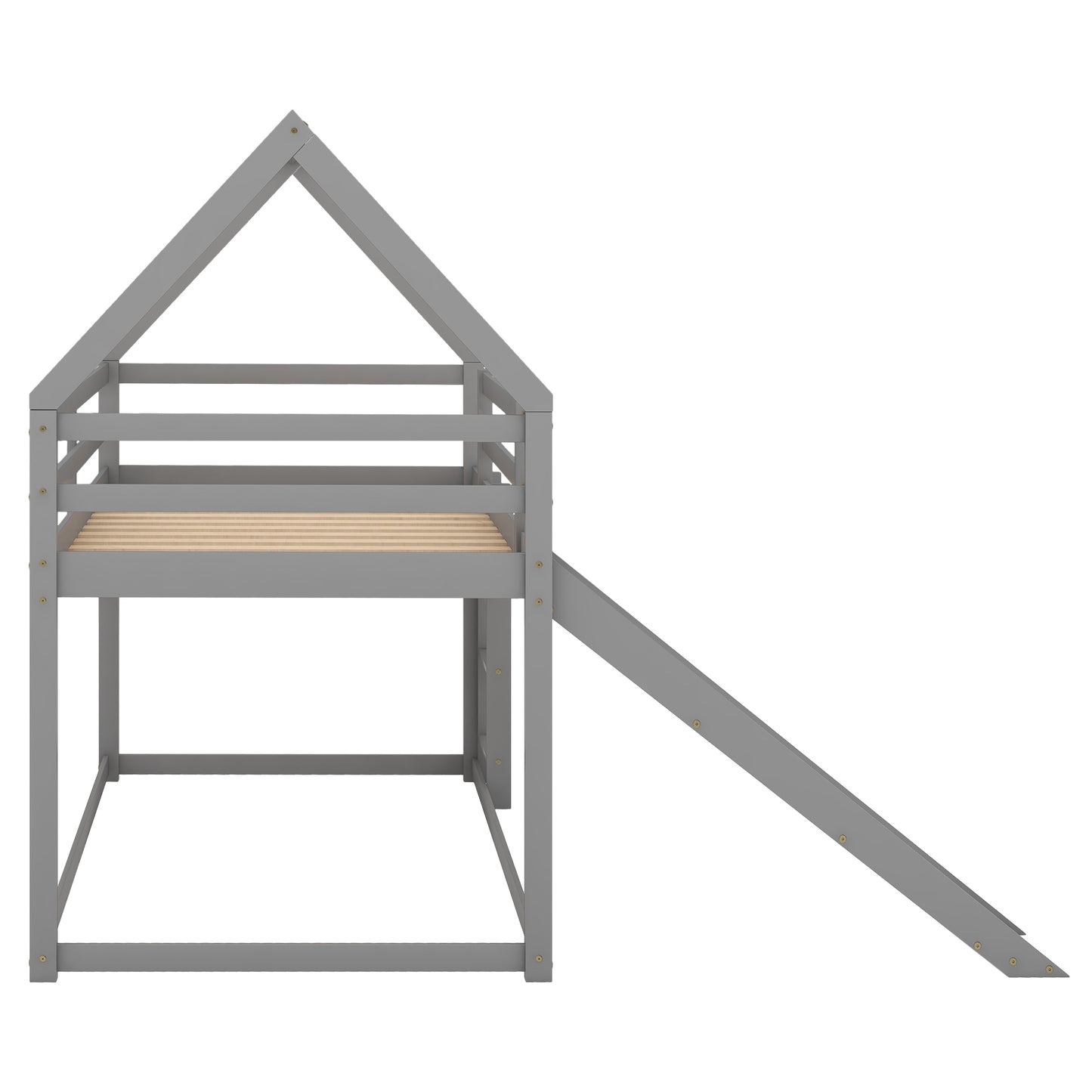 Gray wooden house bed frame with slide