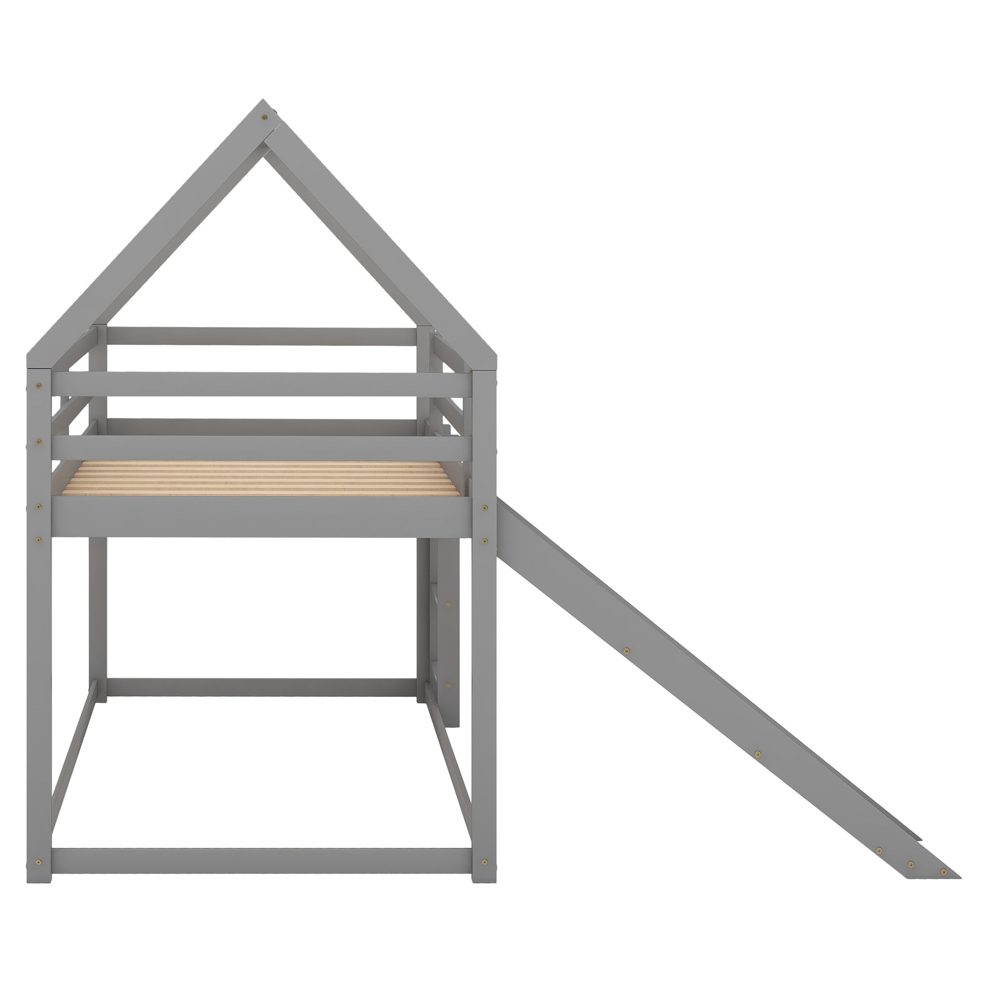Gray wooden house bed frame with slide
