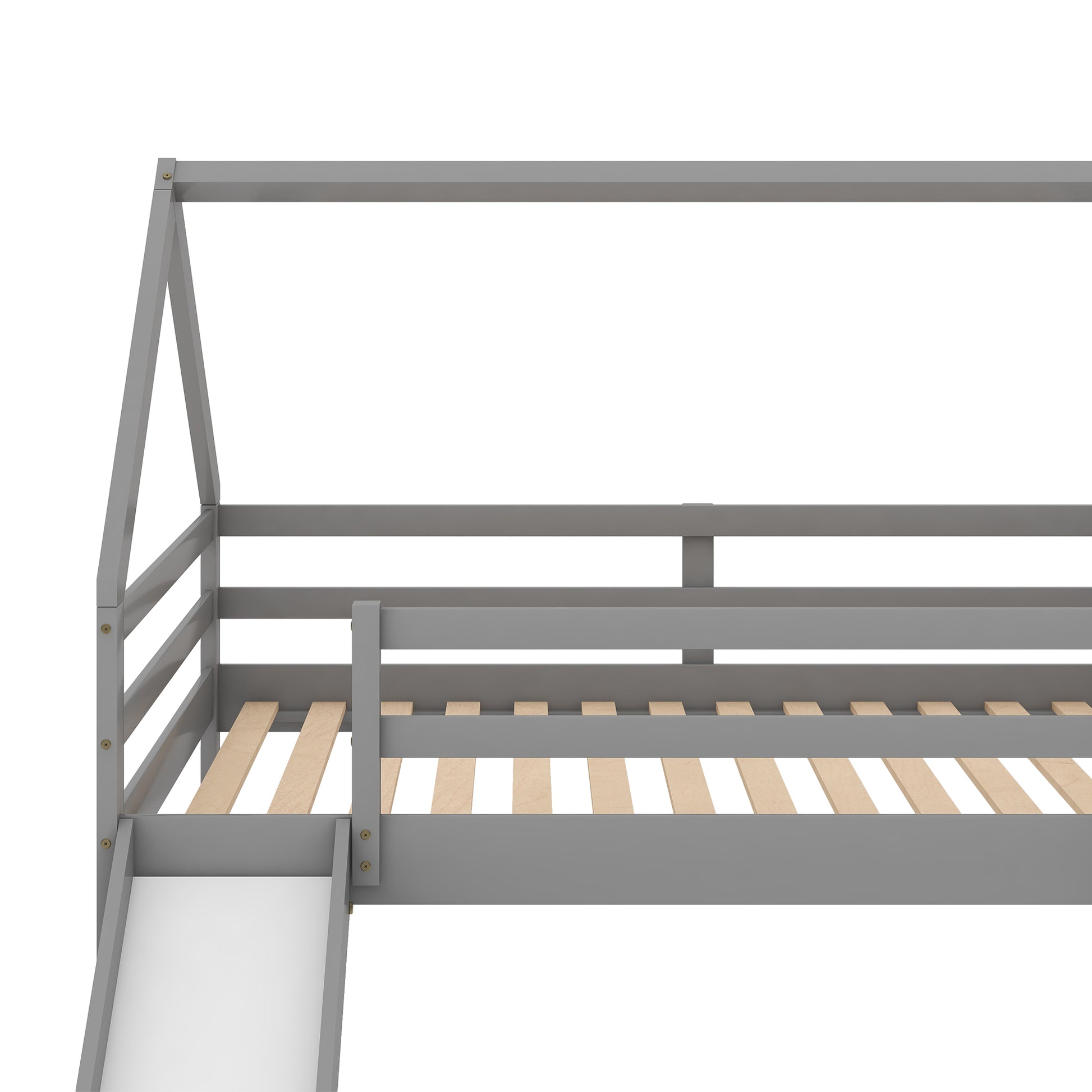 Gray wooden loft bed with slide and slatted frame
