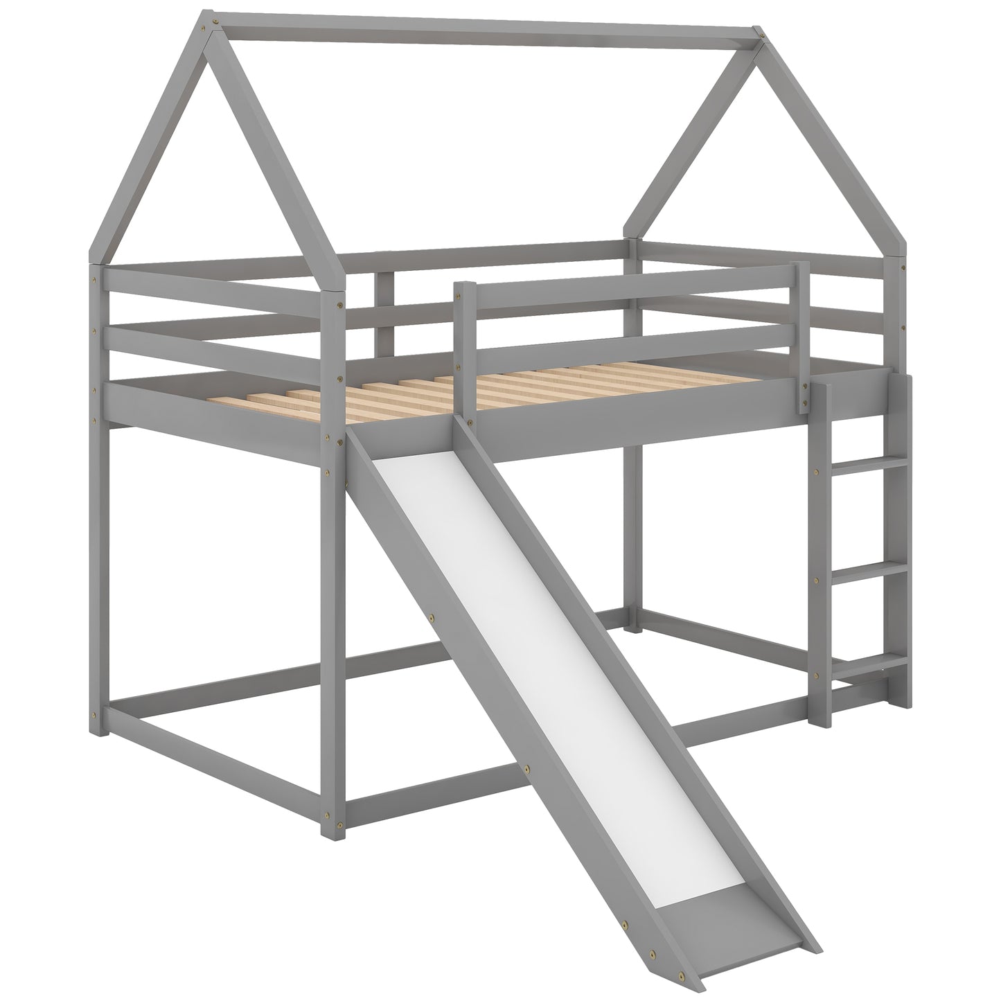 Gray wooden house loft bed with slide and ladder for kids
