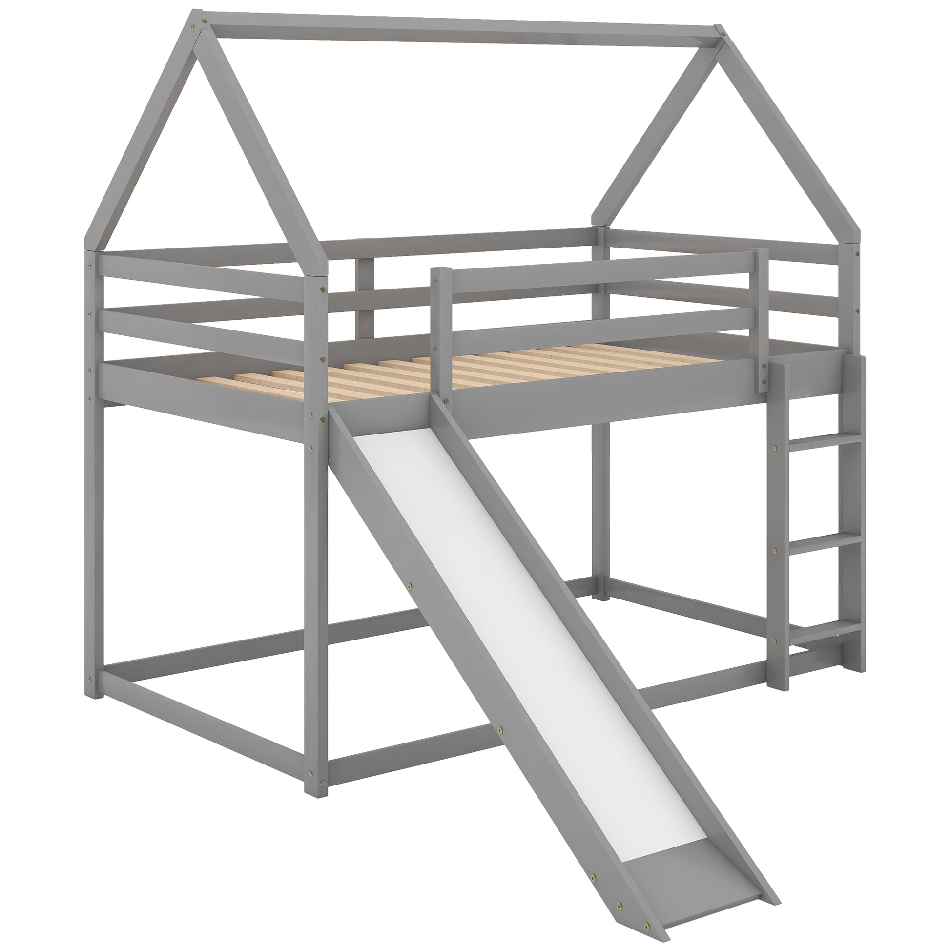 Gray wooden house loft bed with slide and ladder for kids