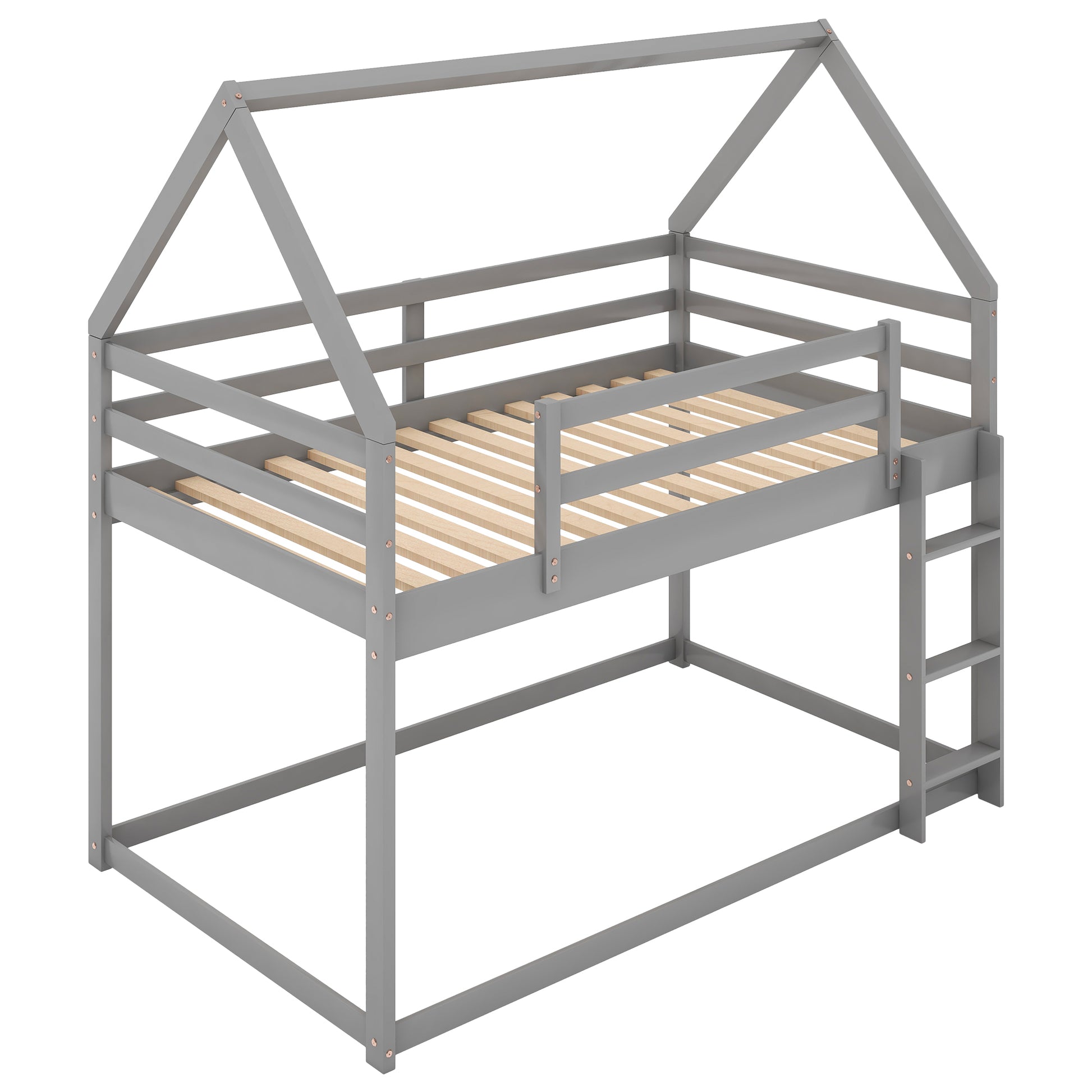 Gray wooden twin house bed frame with ladder and safety rails