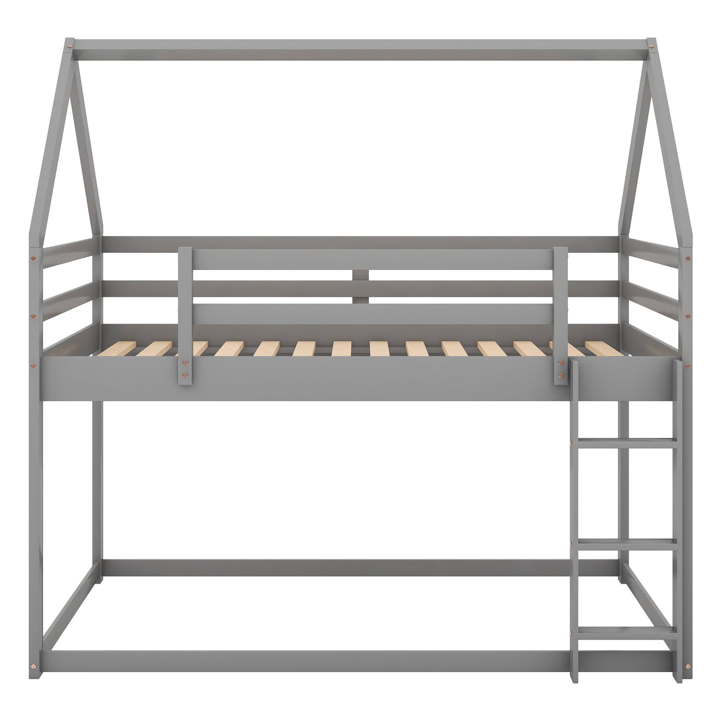 Grey wooden twin house bed frame with ladder