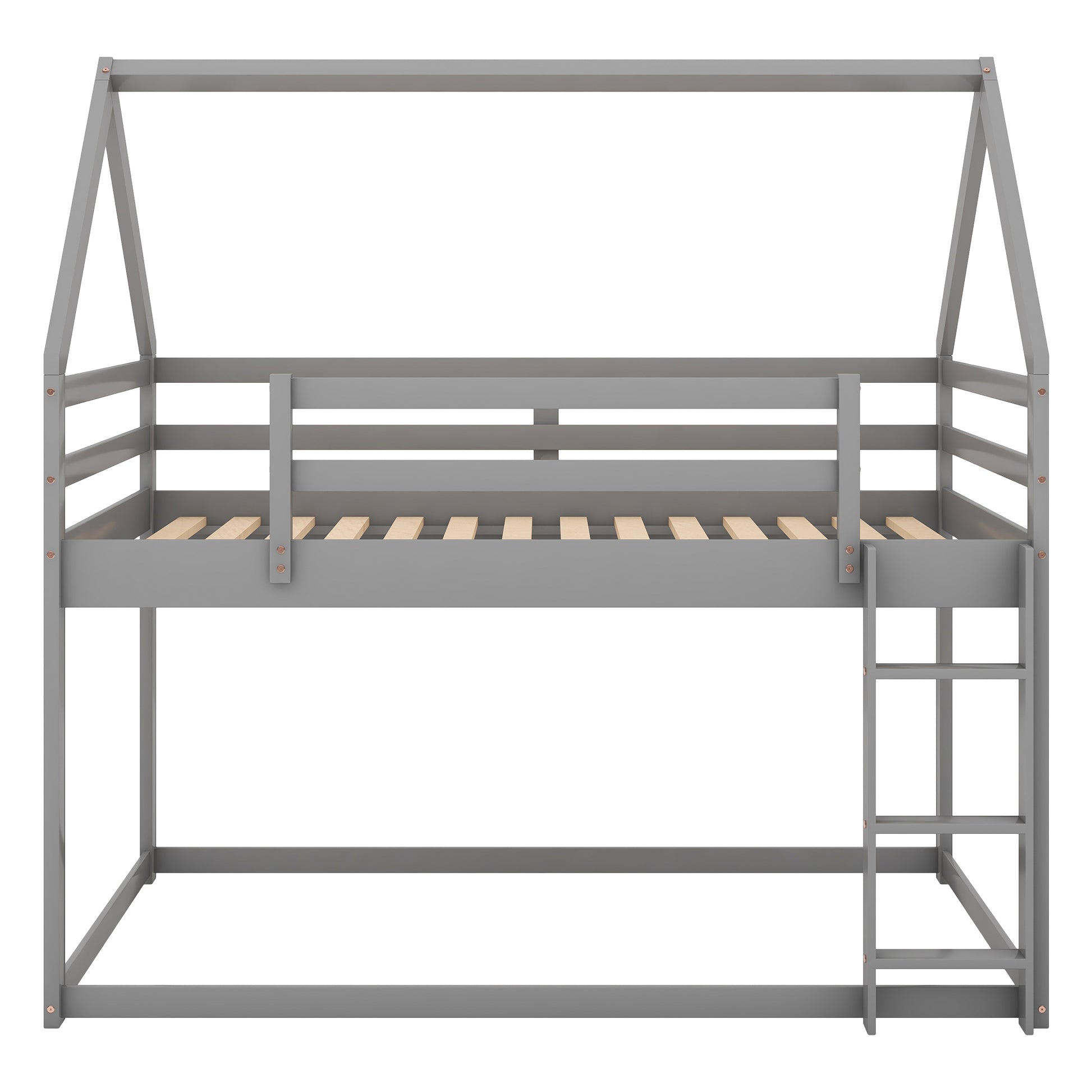 Grey wooden twin house bed frame with ladder