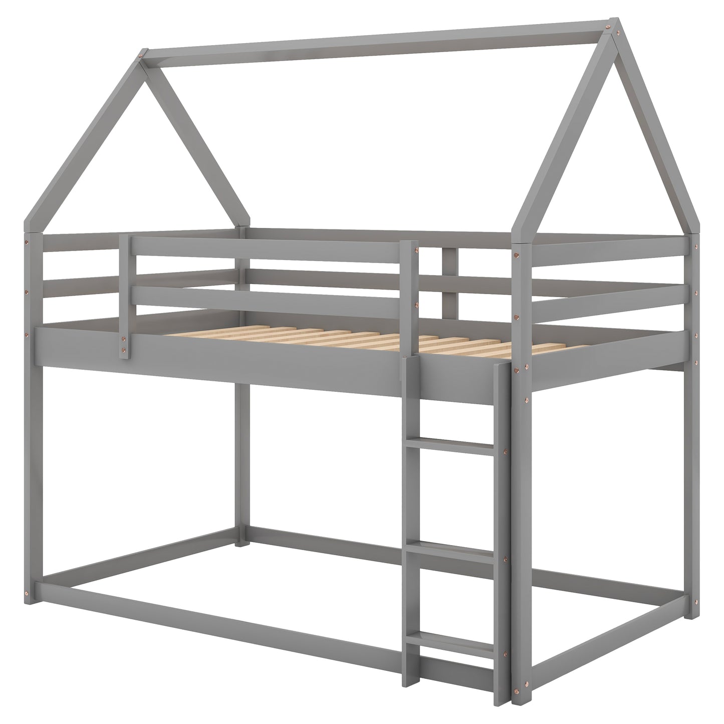 Grey wooden house bunk bed with ladder