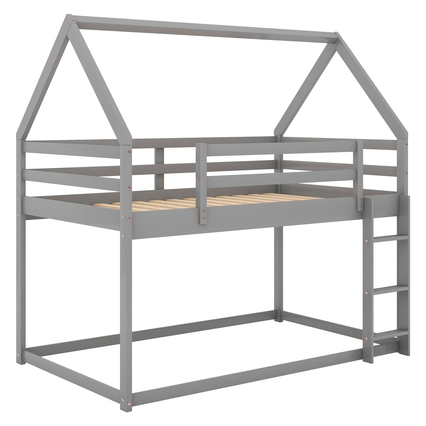 Gray wooden twin house bed with ladder