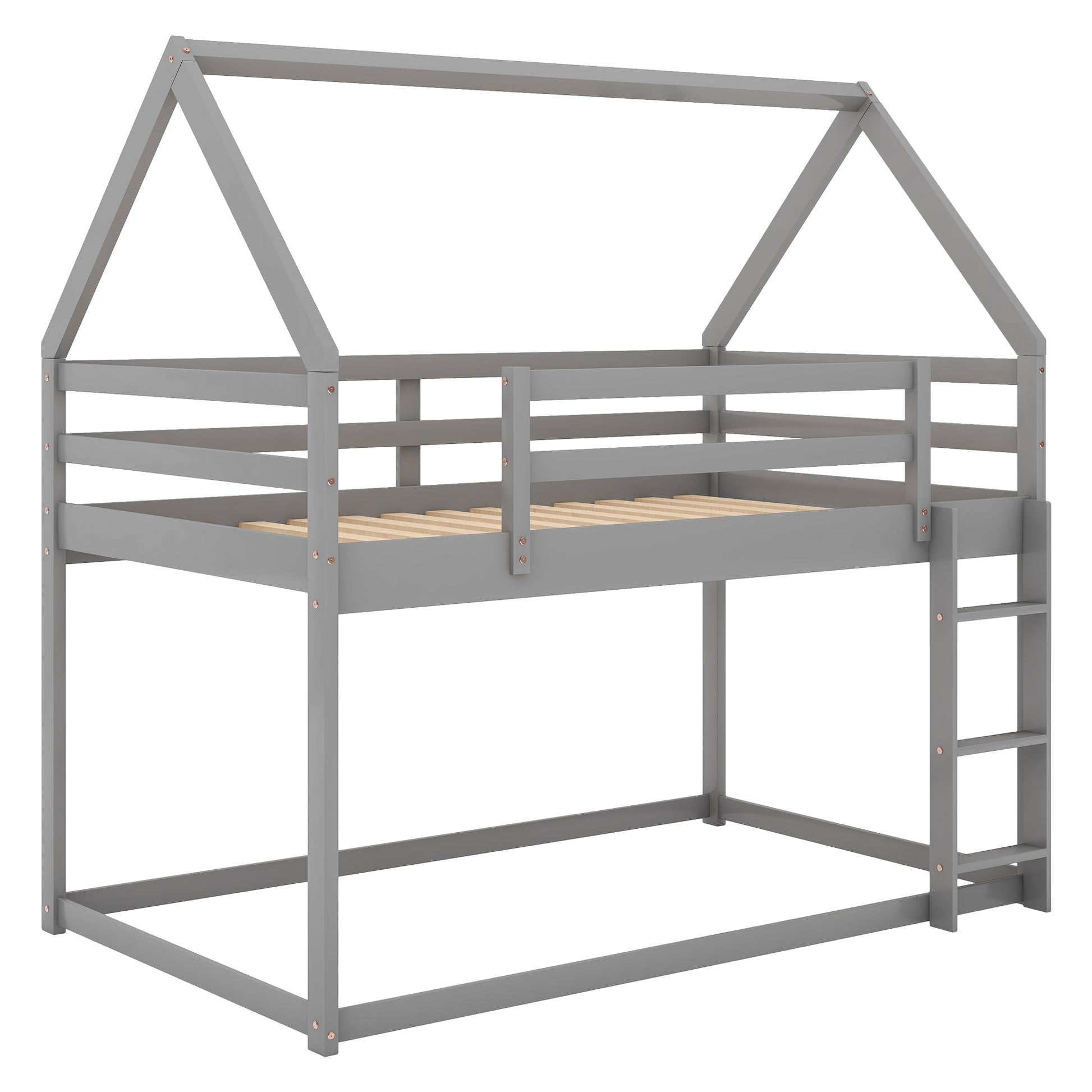 Gray wooden twin house bed with ladder