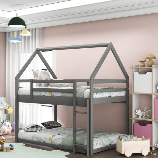 Grey wooden bunk bed with house frame design