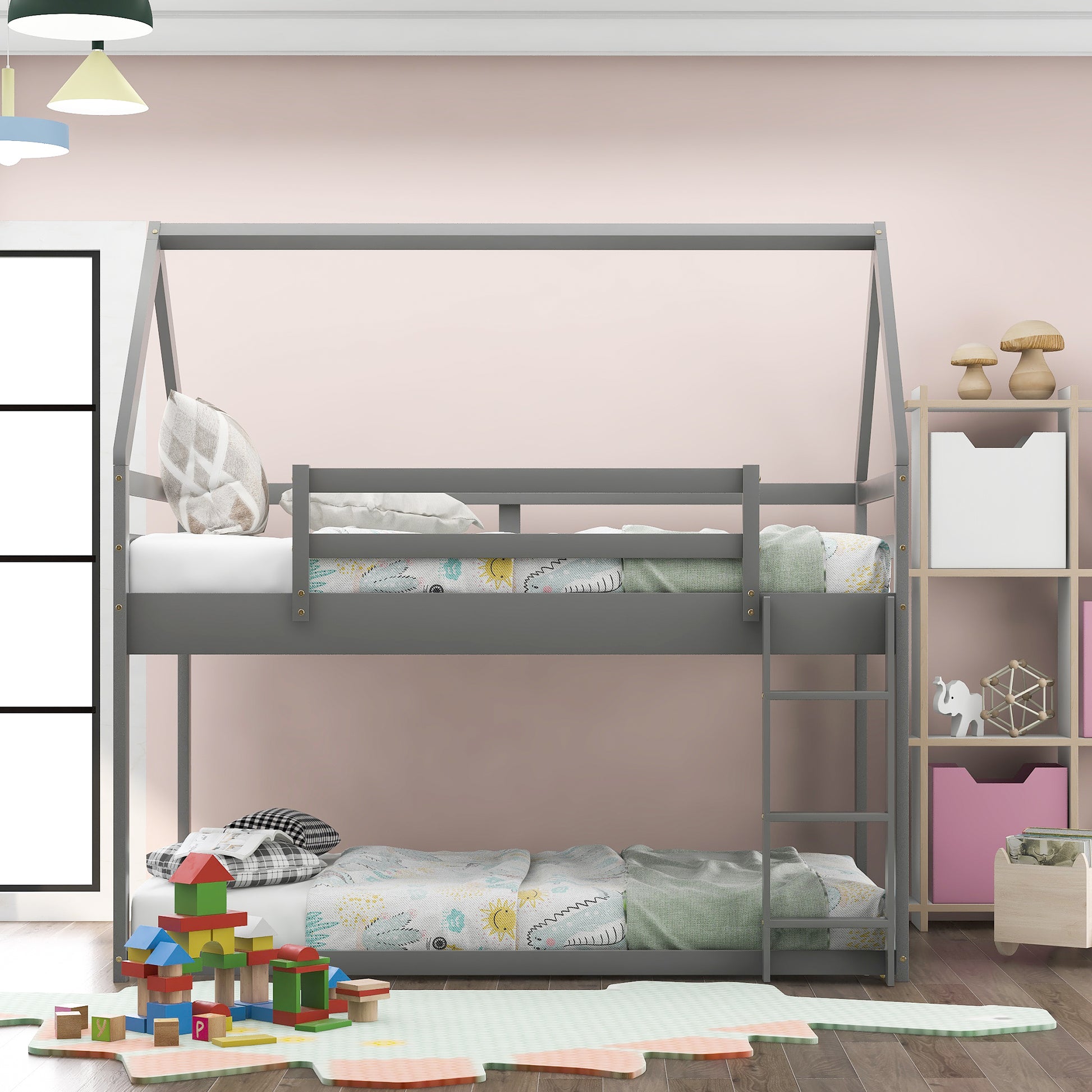 Modern grey wooden bunk bed with playful bedding for kids room
