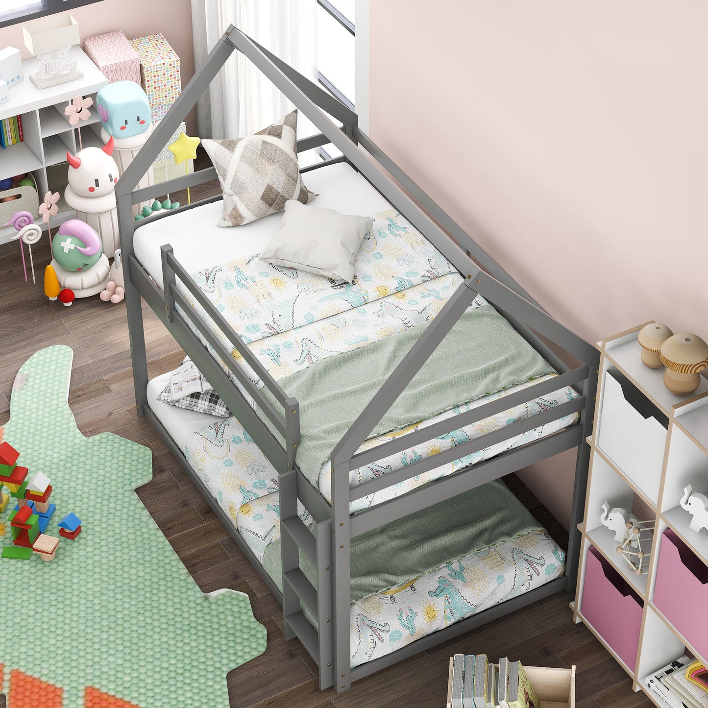 Gray wooden twin over twin bunk bed with house frame
