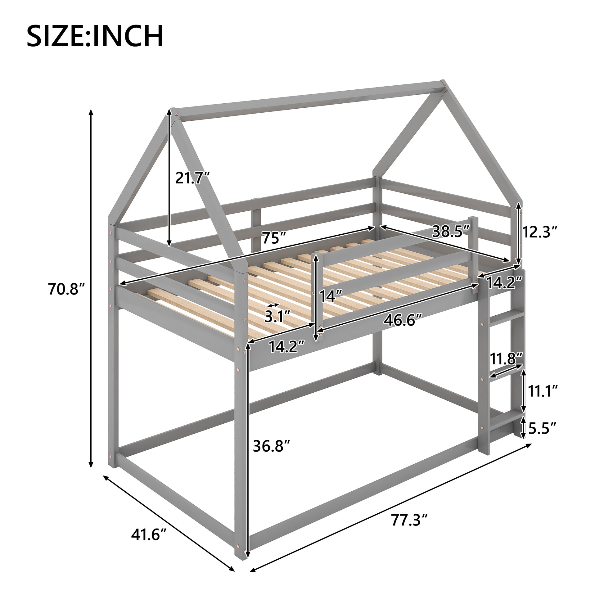 Gray wooden twin house bed frame with dimensions