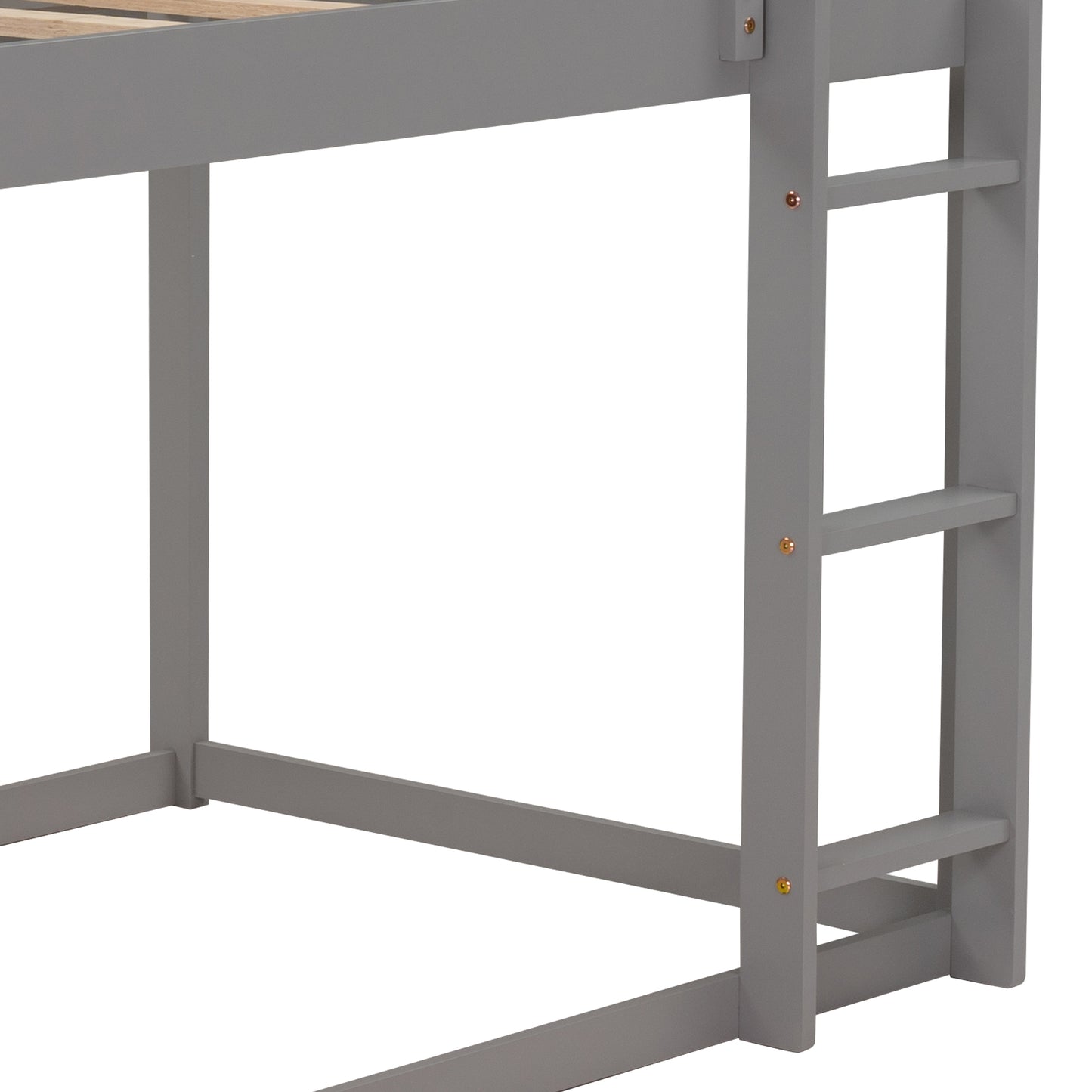 Closeup of a gray wooden bunk bed frame with visible ladder steps and slatted base support