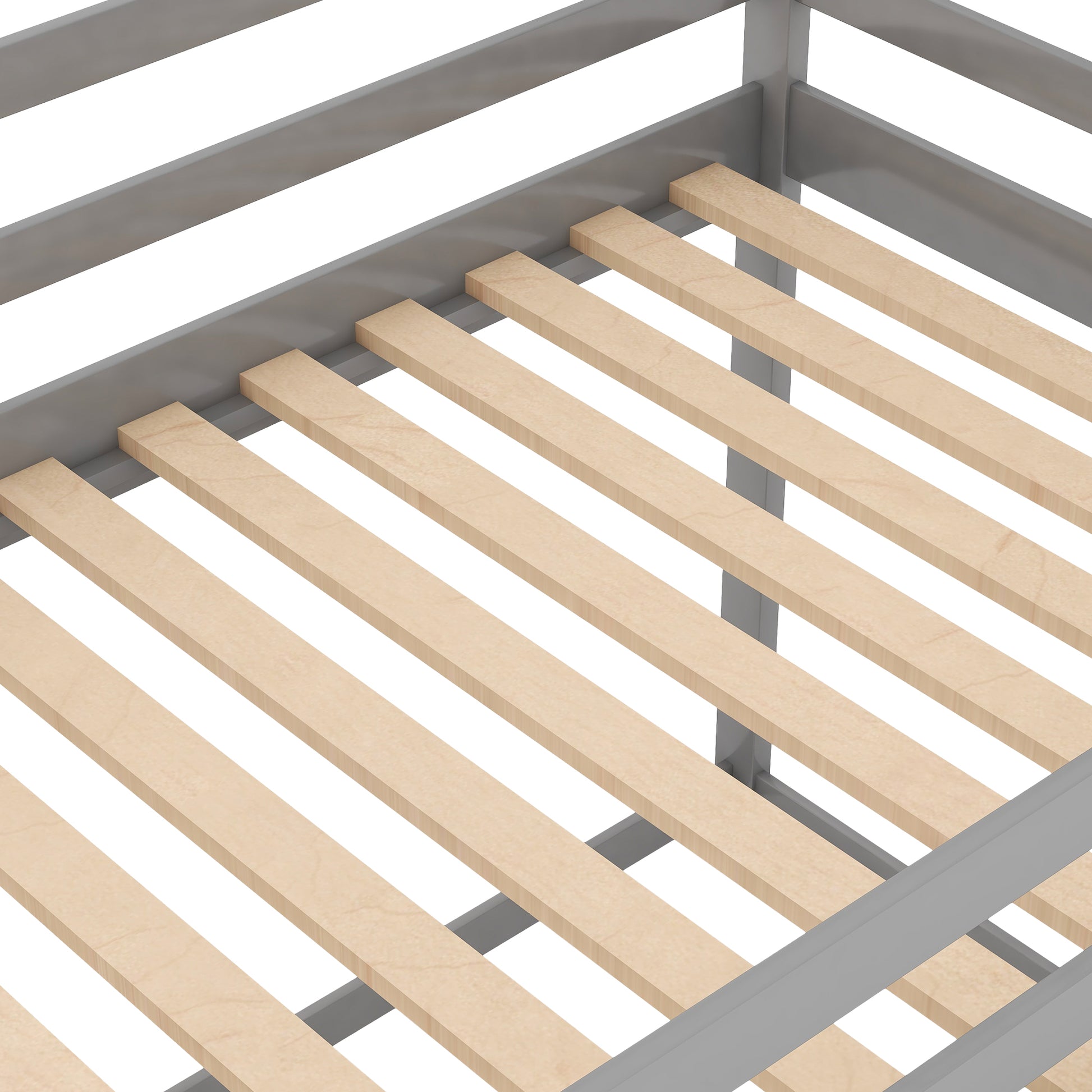Closeup of grey metal bed frame with natural wood slats