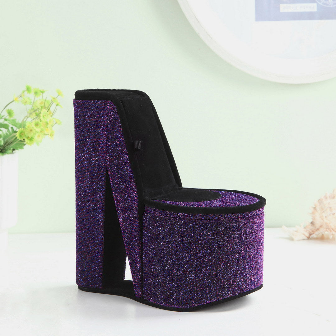 Sparkling purple glitter high heel shoeshaped jewelry box with black velvet lining