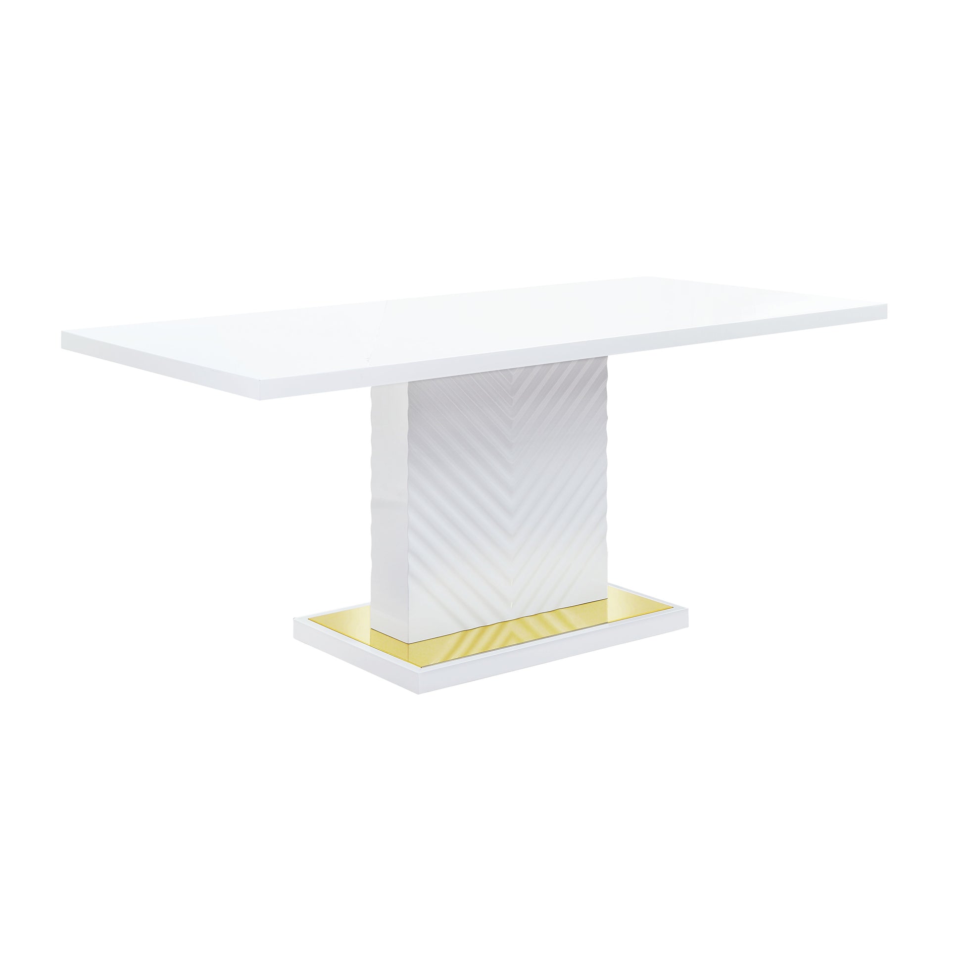 Modern white dining table with a textured pedestal base and gold accent