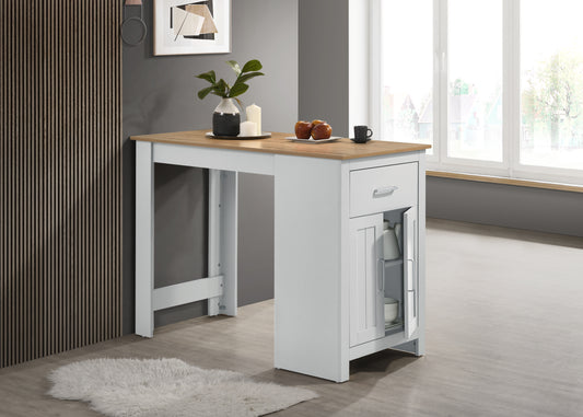 White and oak bar table with storage cabinet and single drawer