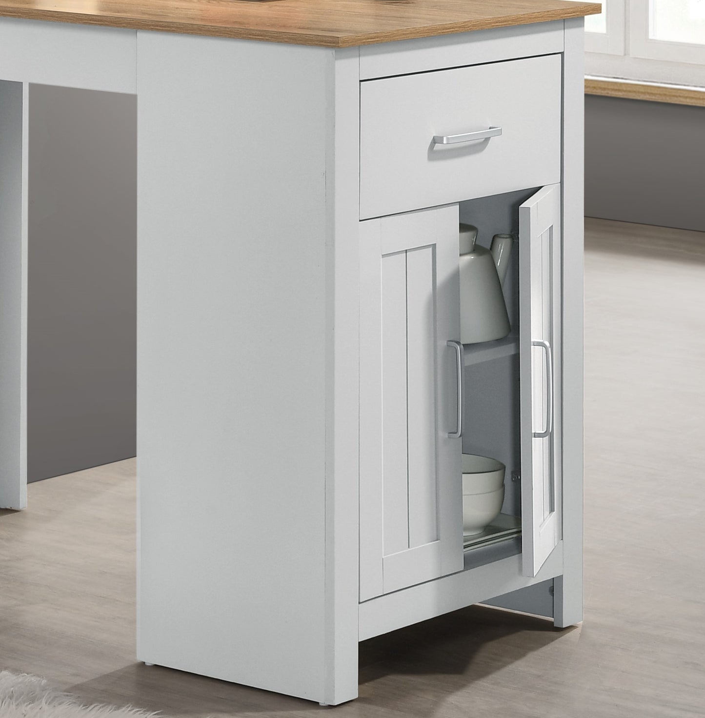Grey kitchen cabinet with oakeffect countertop and open storage