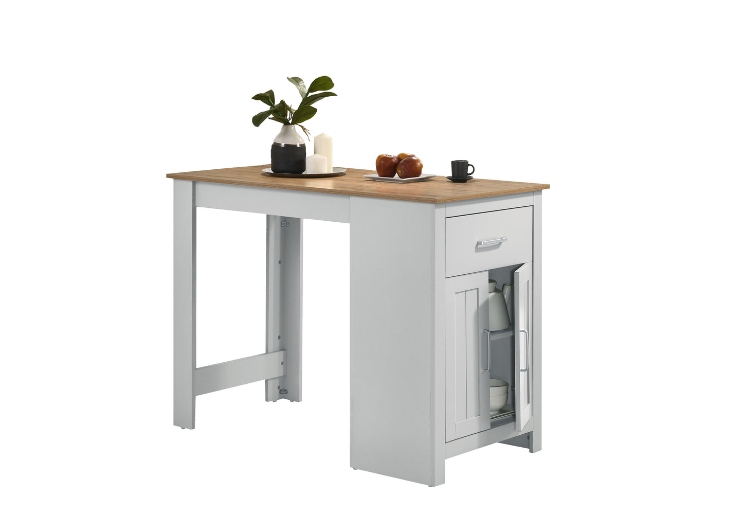 White kitchen island with a light wood top