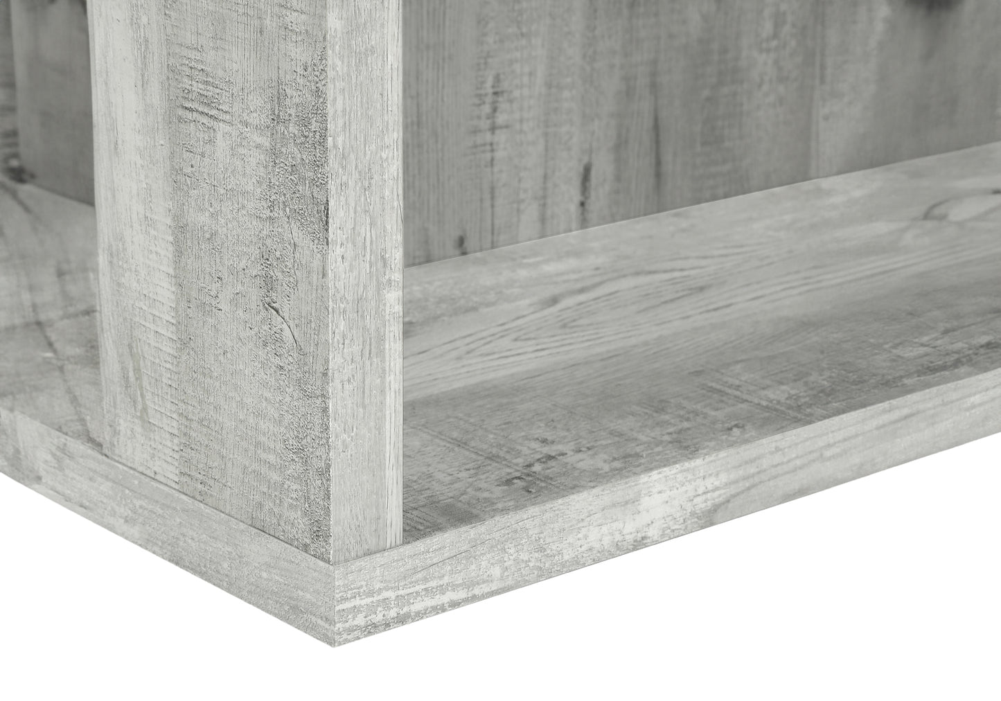Closeup of distressed gray wood shelf edge