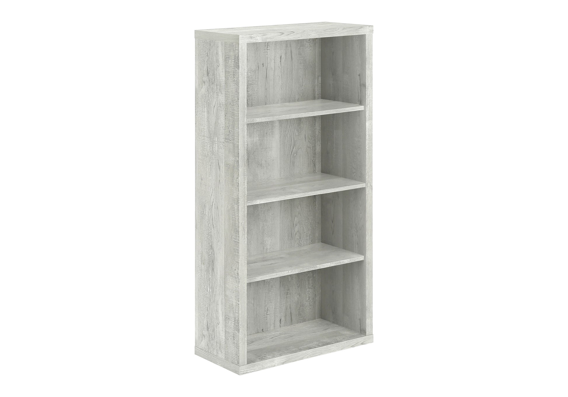 Tall grey wood veneer bookshelf with four open shelves