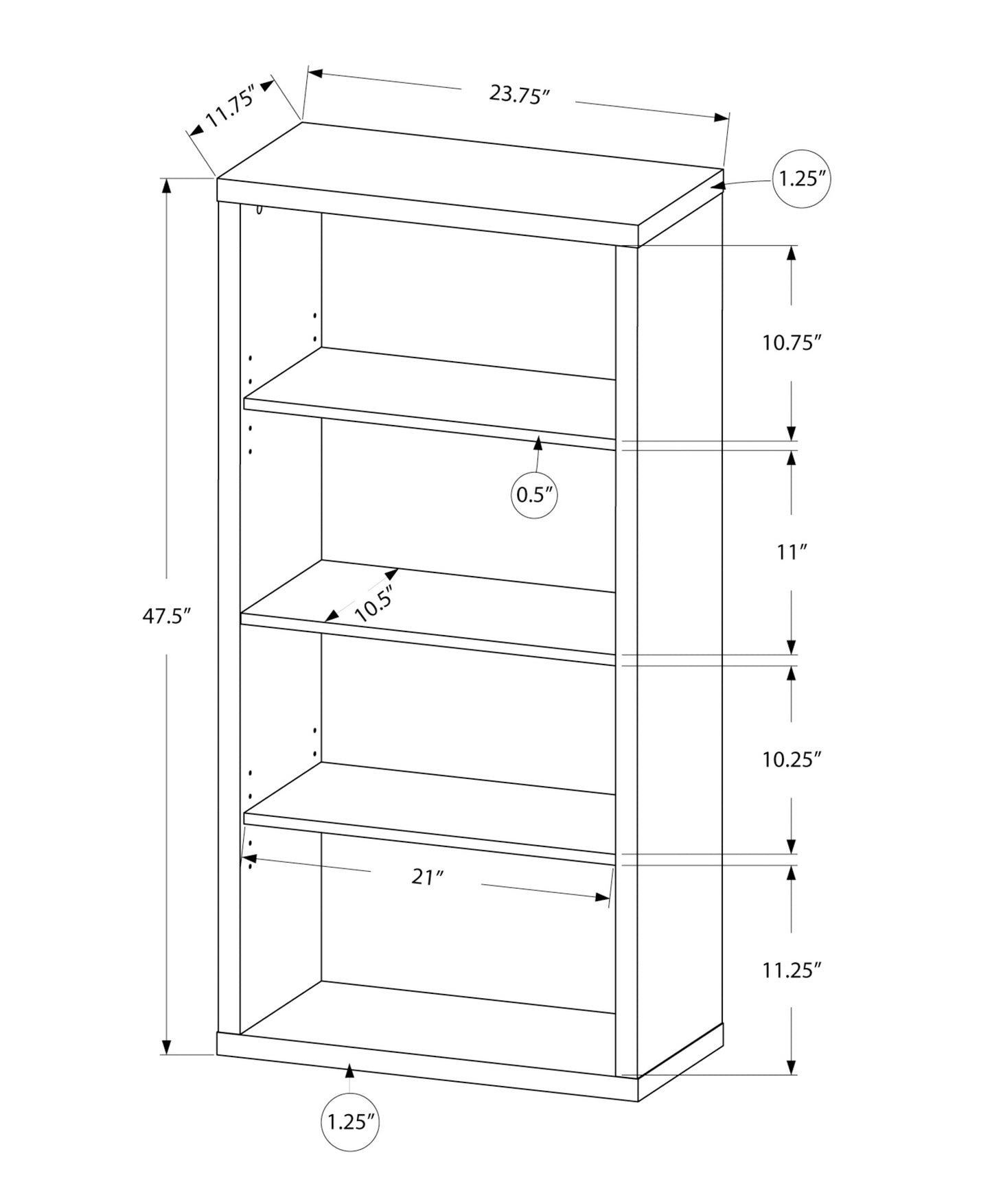 Line drawing of a shelf bookcase with dimensions