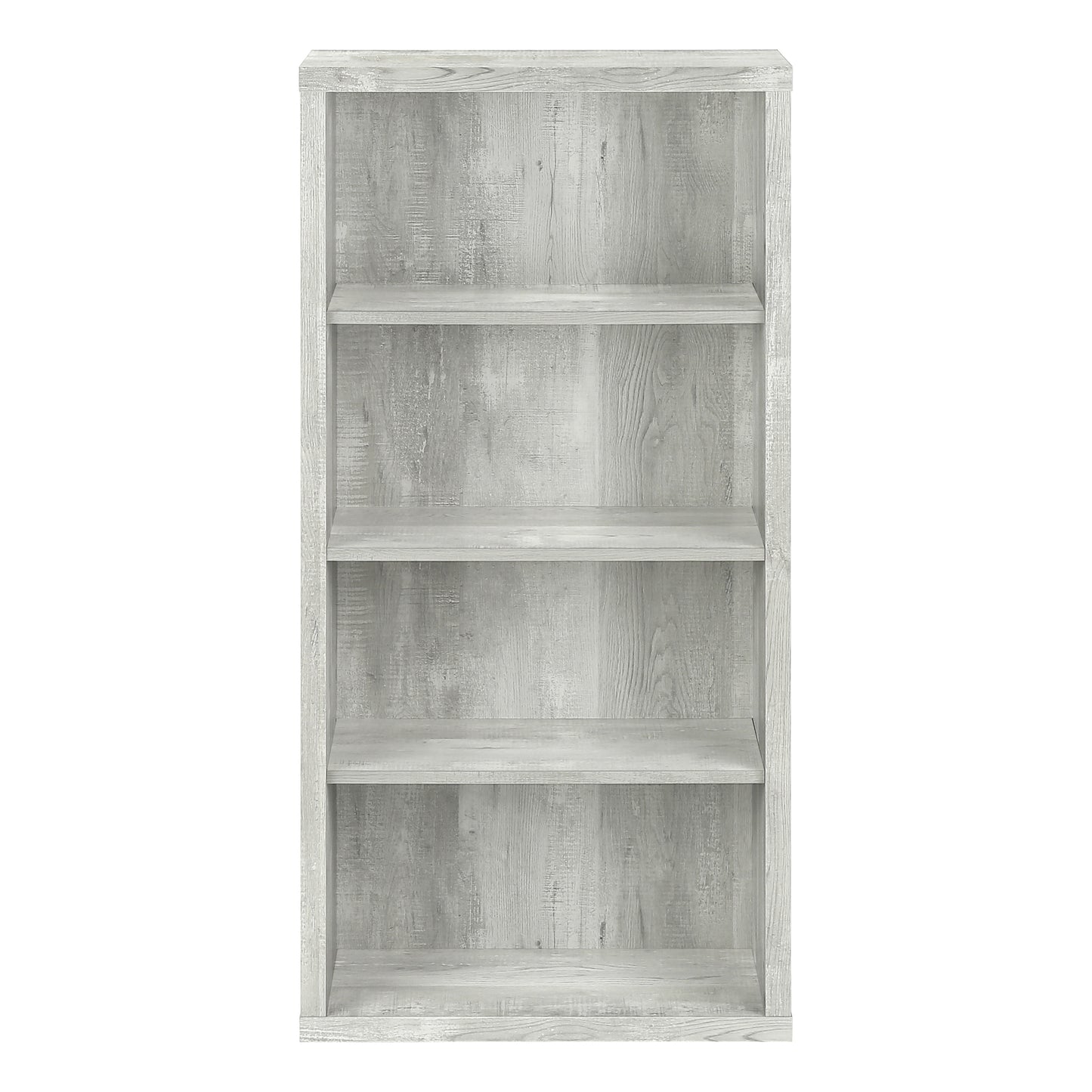 Gray wood veneer bookshelf with four shelves for home storage