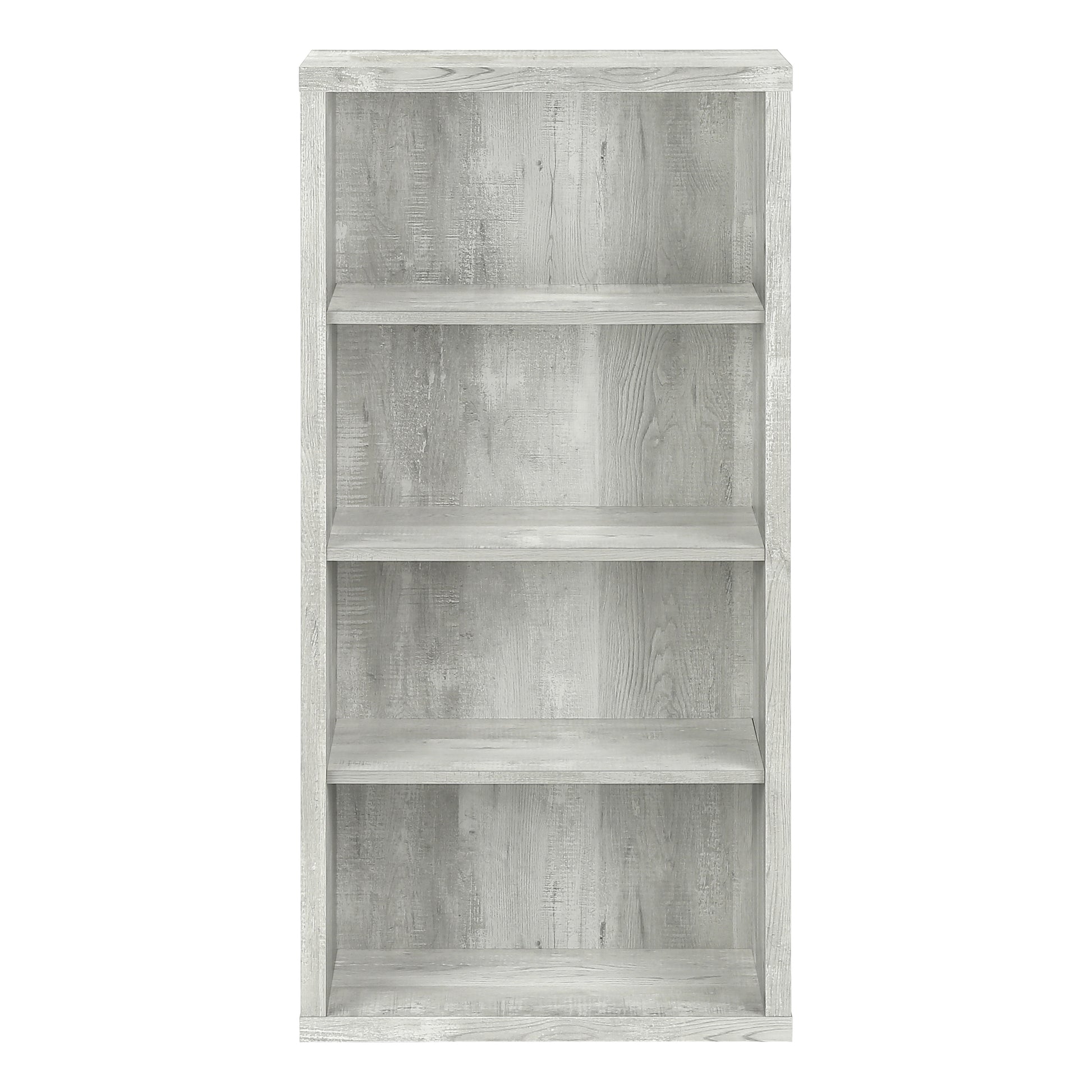 Gray wood veneer bookshelf with four shelves for home storage