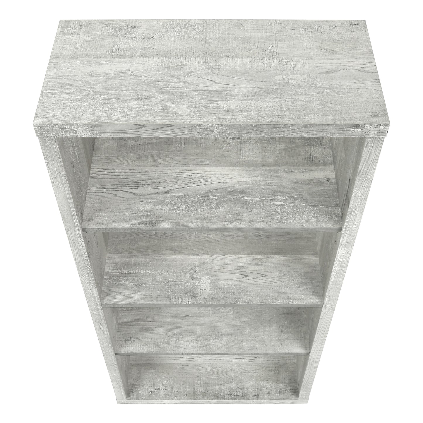 Modern distressed wood bookshelf with five open shelves