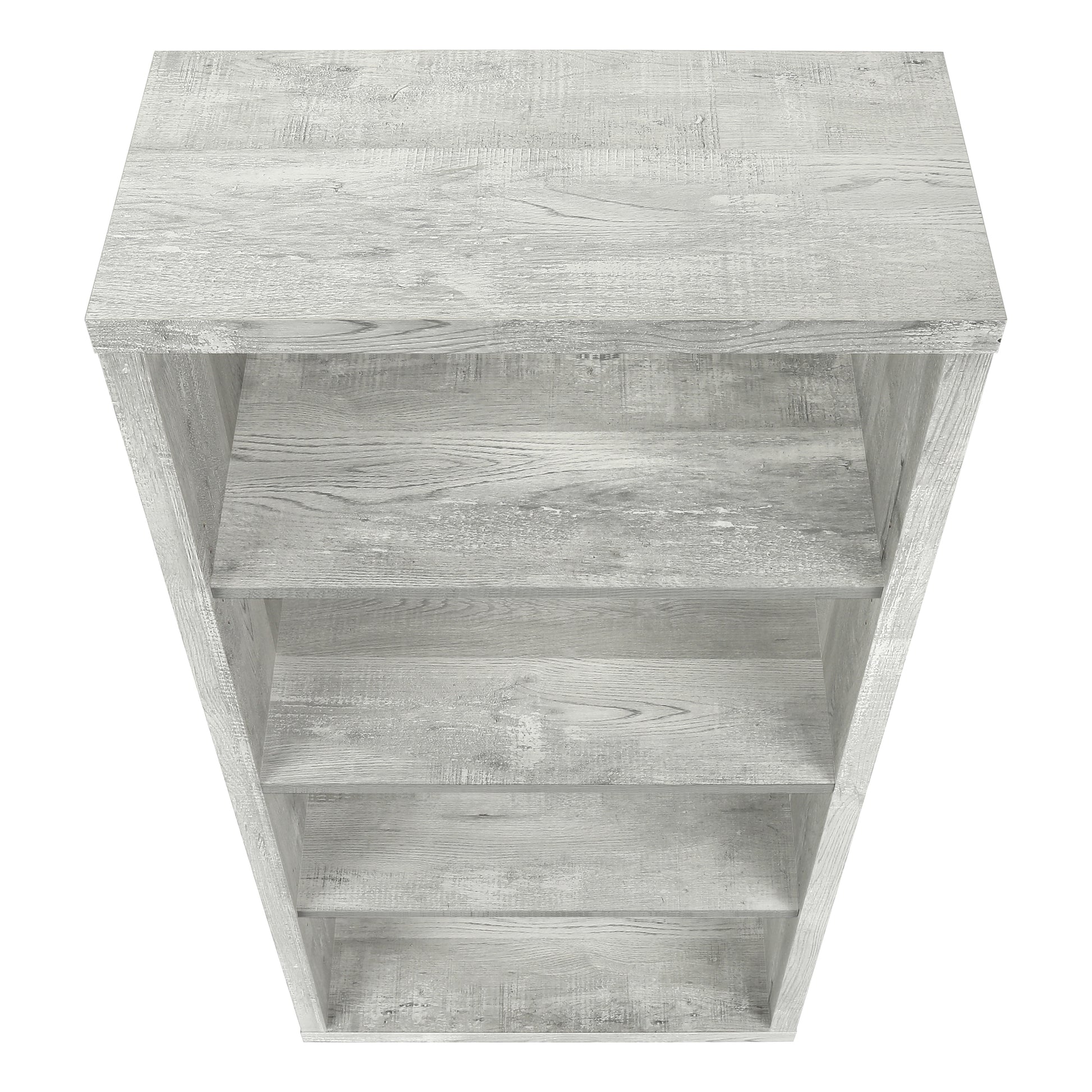 Modern distressed wood bookshelf with five open shelves