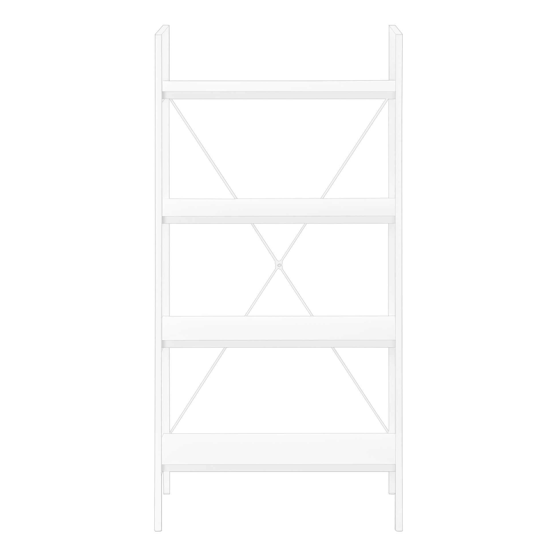 White wooden bookshelf with four shelves and Xshaped cross braces