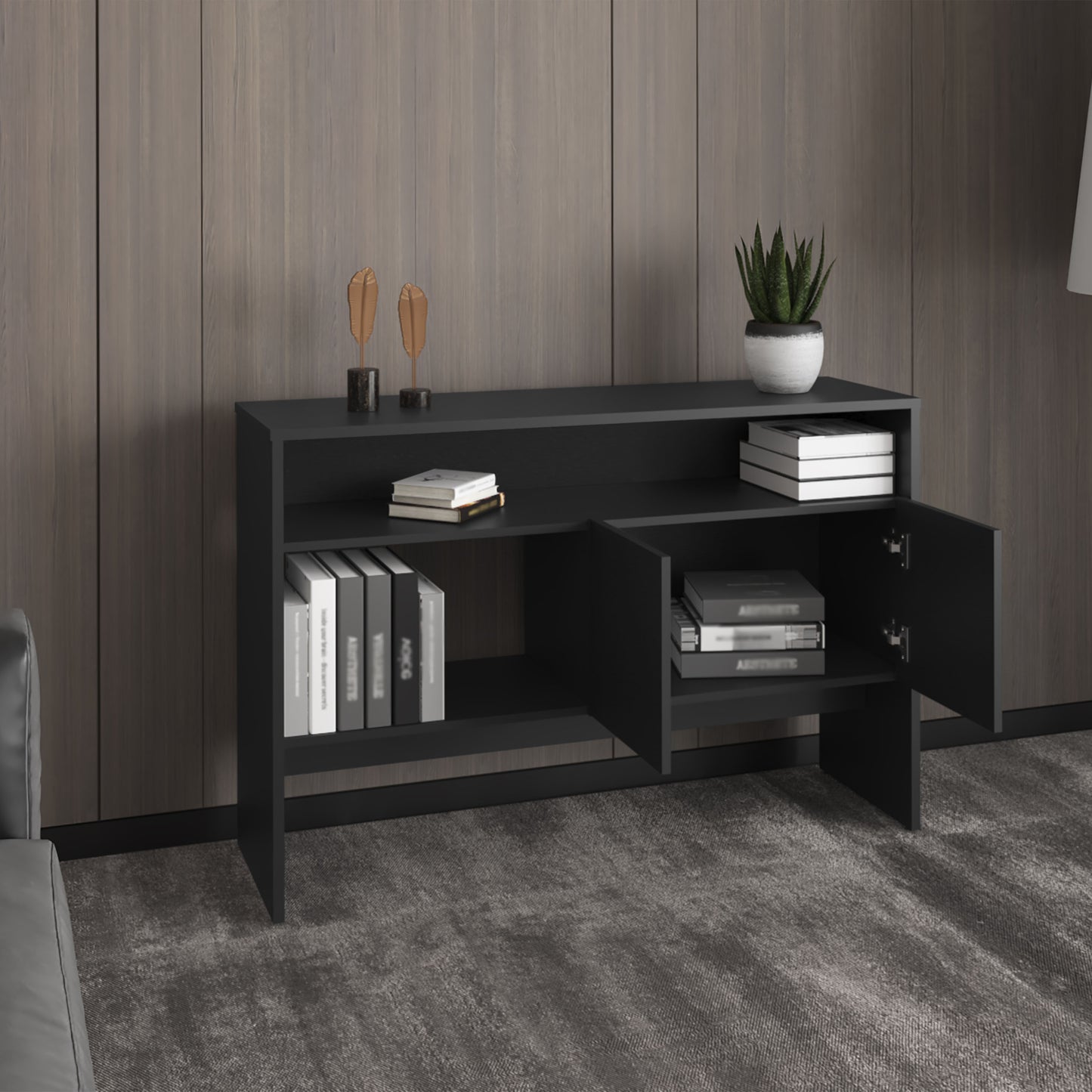 Modern black media console with open shelves and cabinet doors