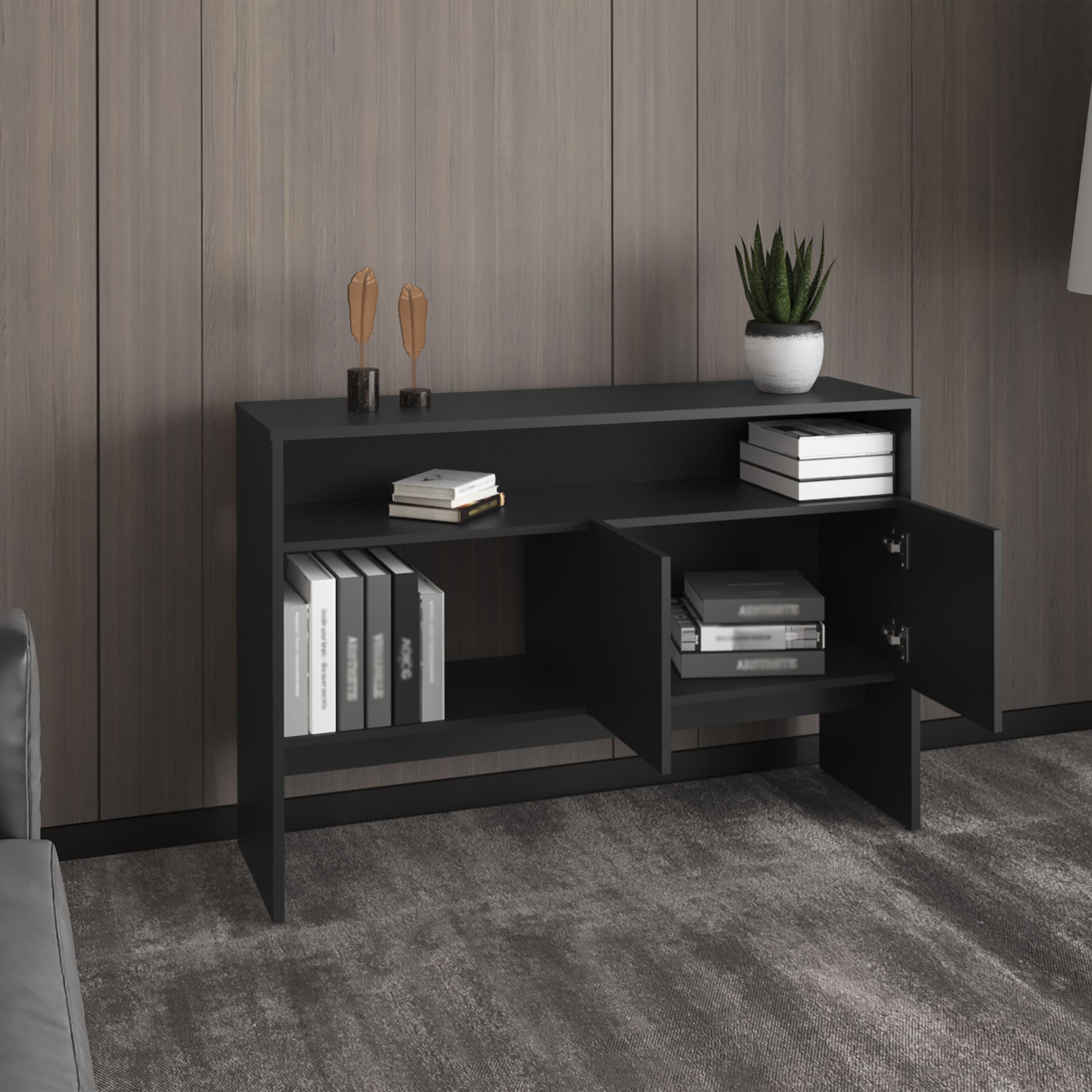 Modern black media console with open shelves and cabinet doors