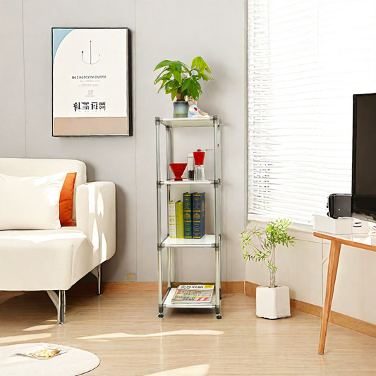 Fourtier metal shelving unit with books and kitchenware