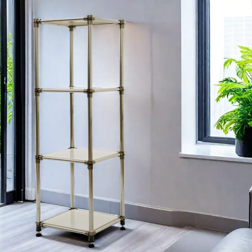 Fourtier metal shelving unit with cream shelves