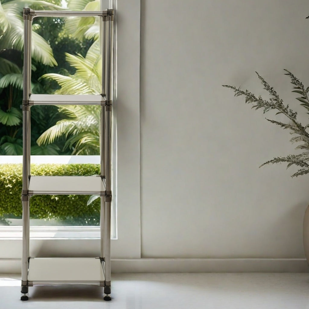 Silver metal indoor plant shelf with white trays