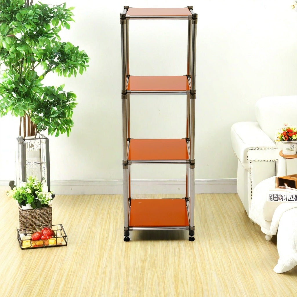 tier stainless steel shelving unit with orange shelves