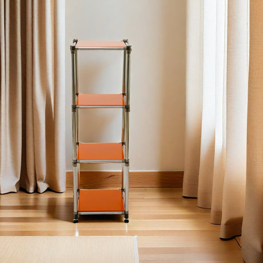 Orange modular shelving unit with chrome frame