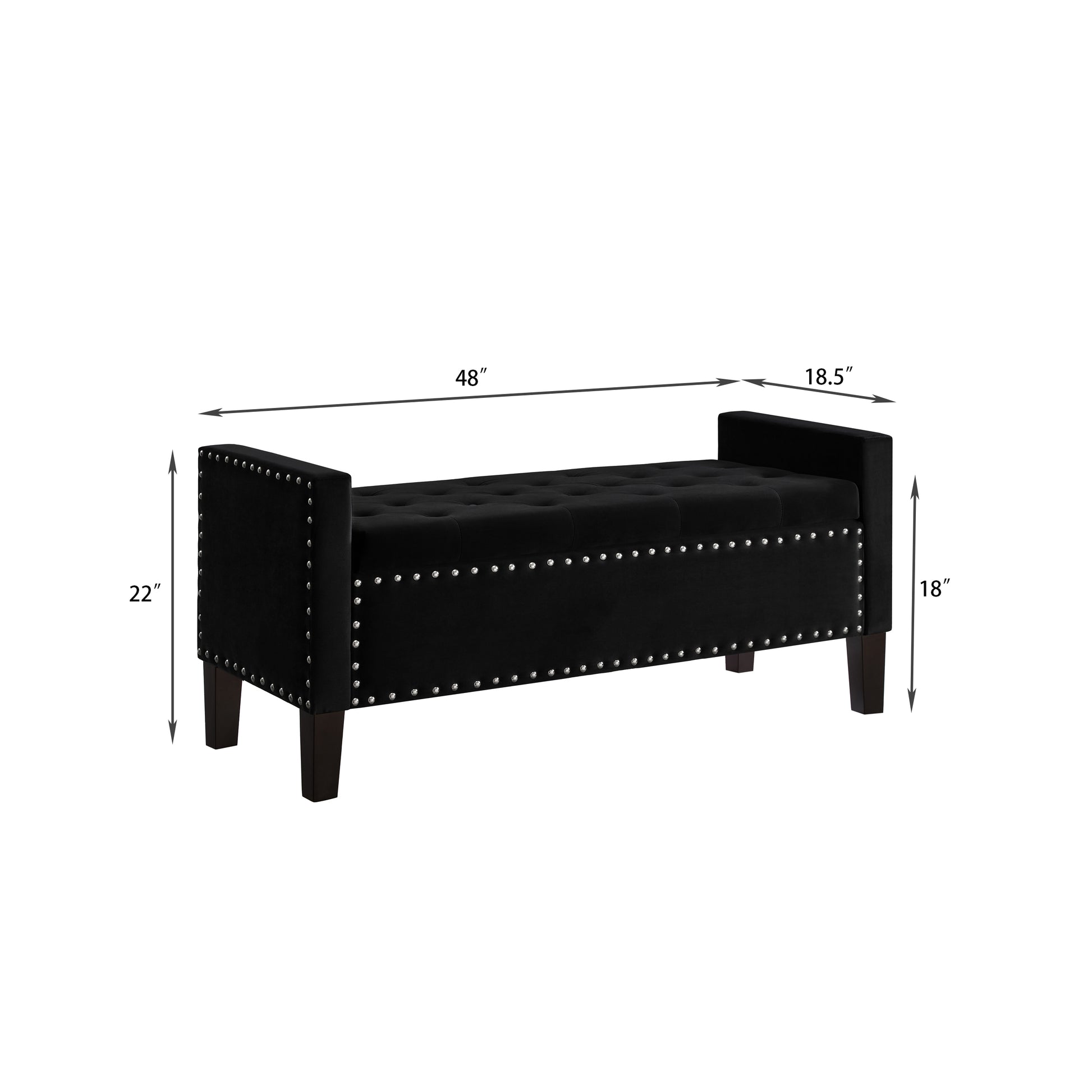 Black velvet storage bench with tufted top and silver nailhead trim